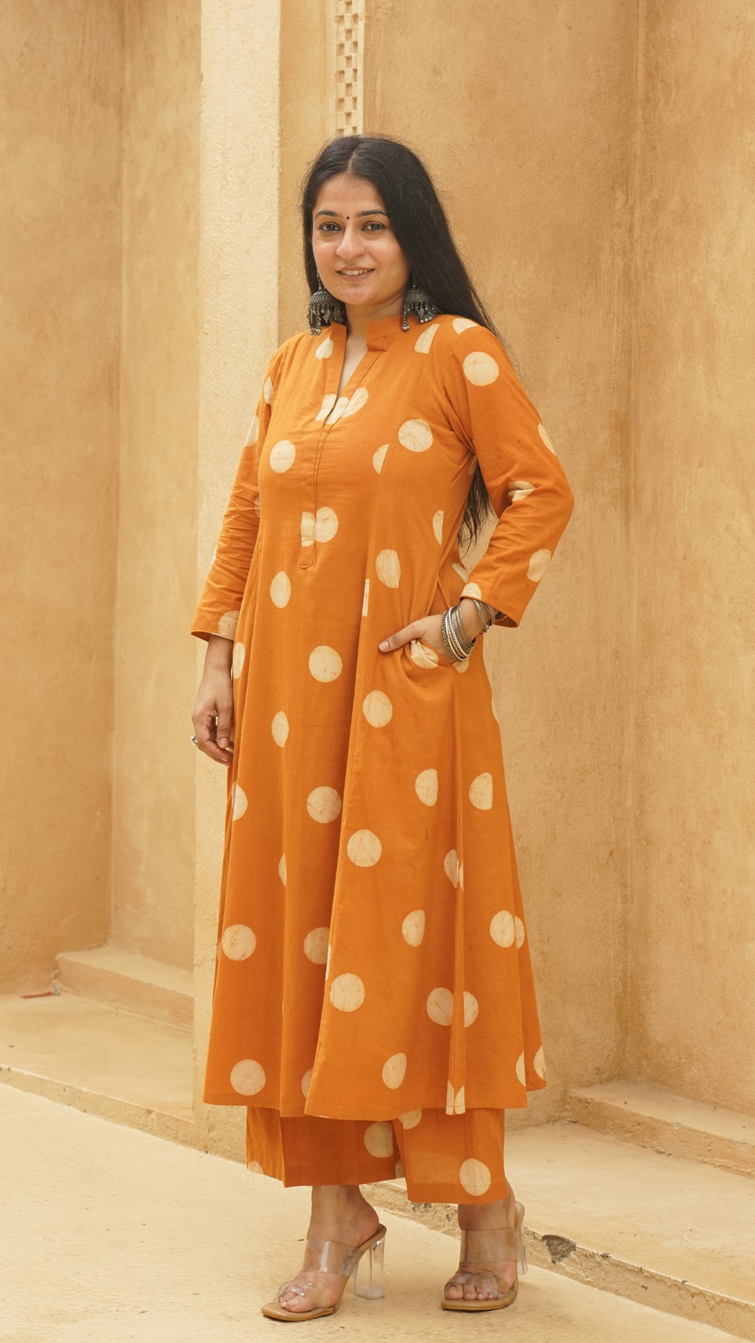 Rust Polka Dots Kali Kurta In Cotton
