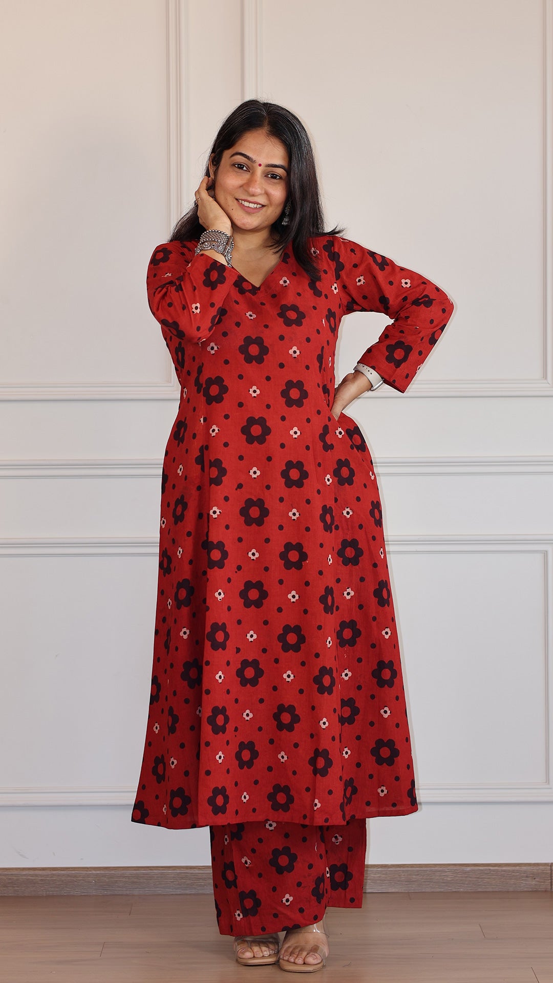 Akira Ajrakh Cotton Hand Block Kurta - Red/Black Floral
