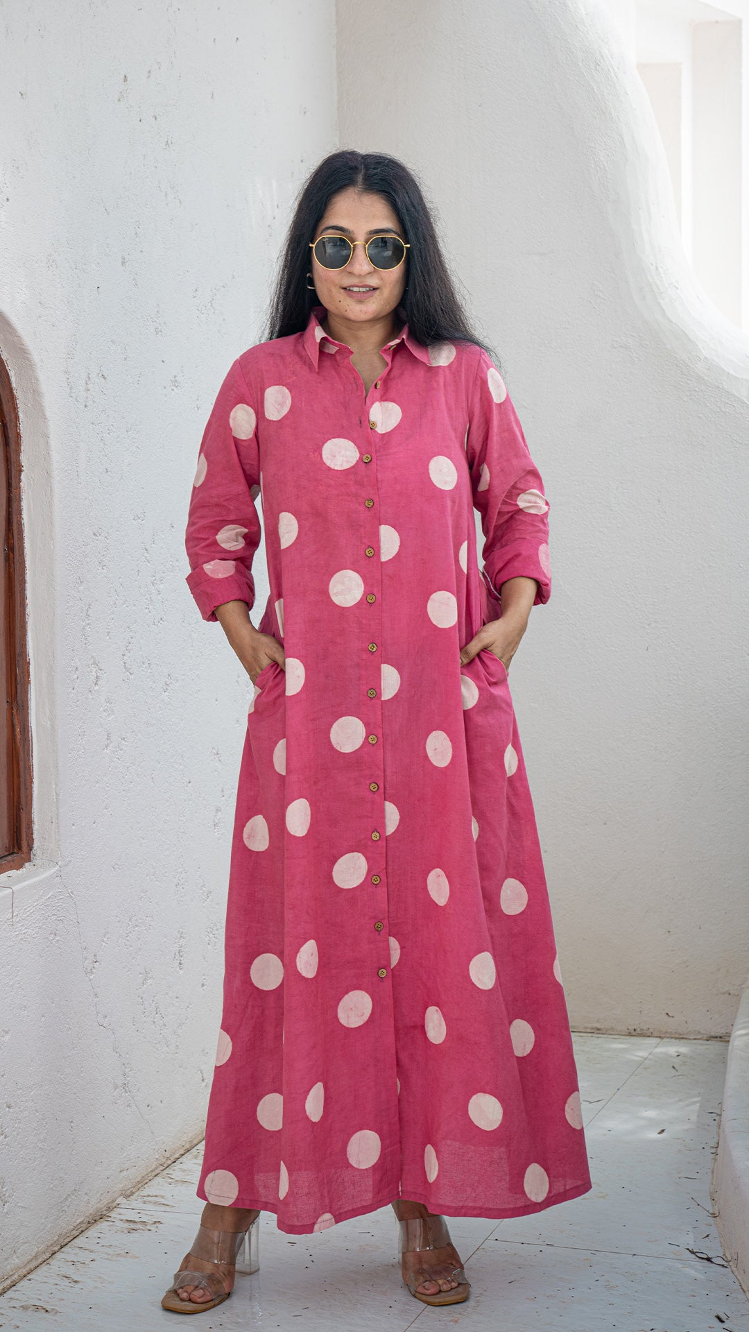 Pink Polka Cotton Shirt Dress With Slit