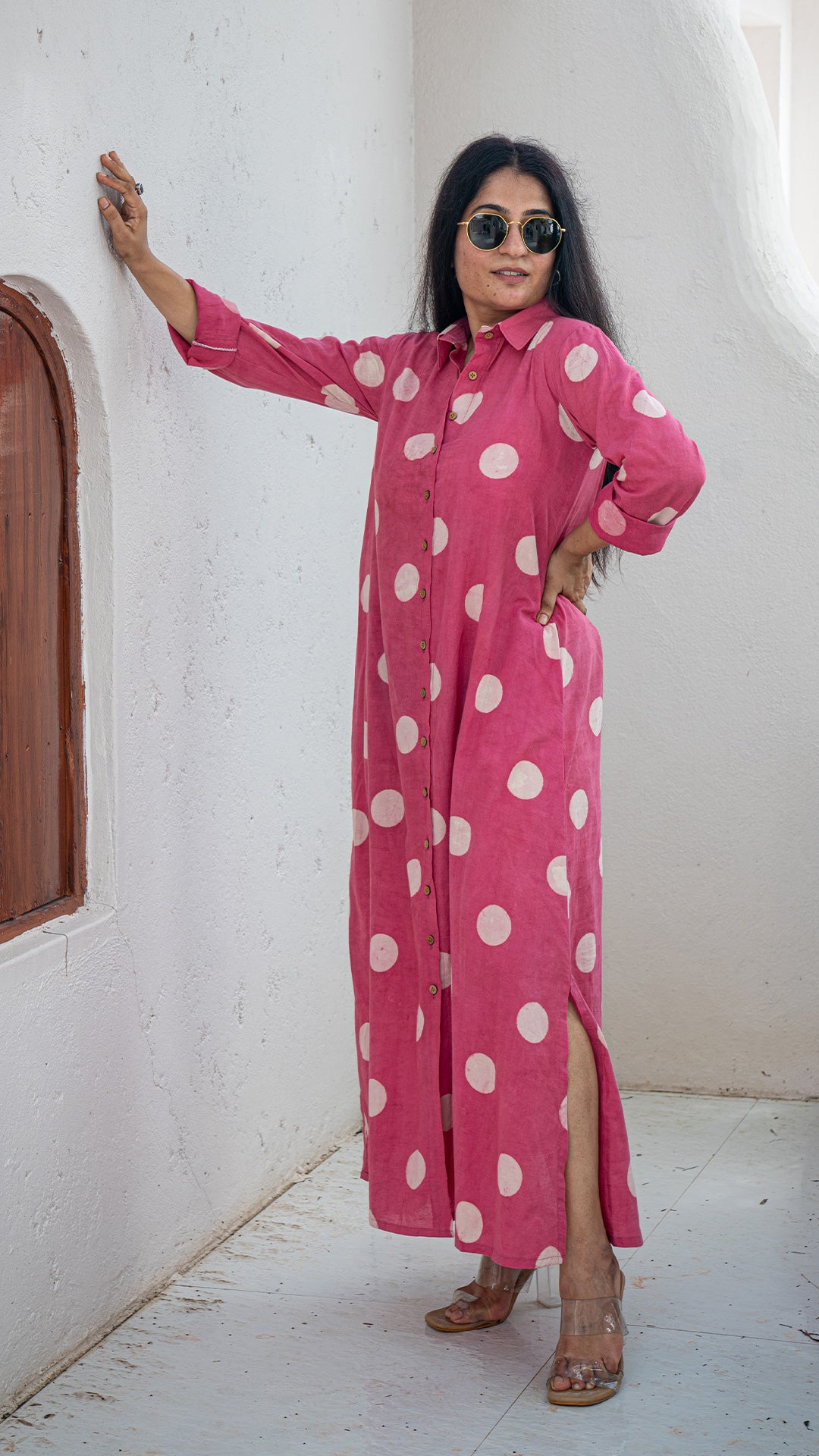Pink Polka Cotton Shirt Dress With Slit