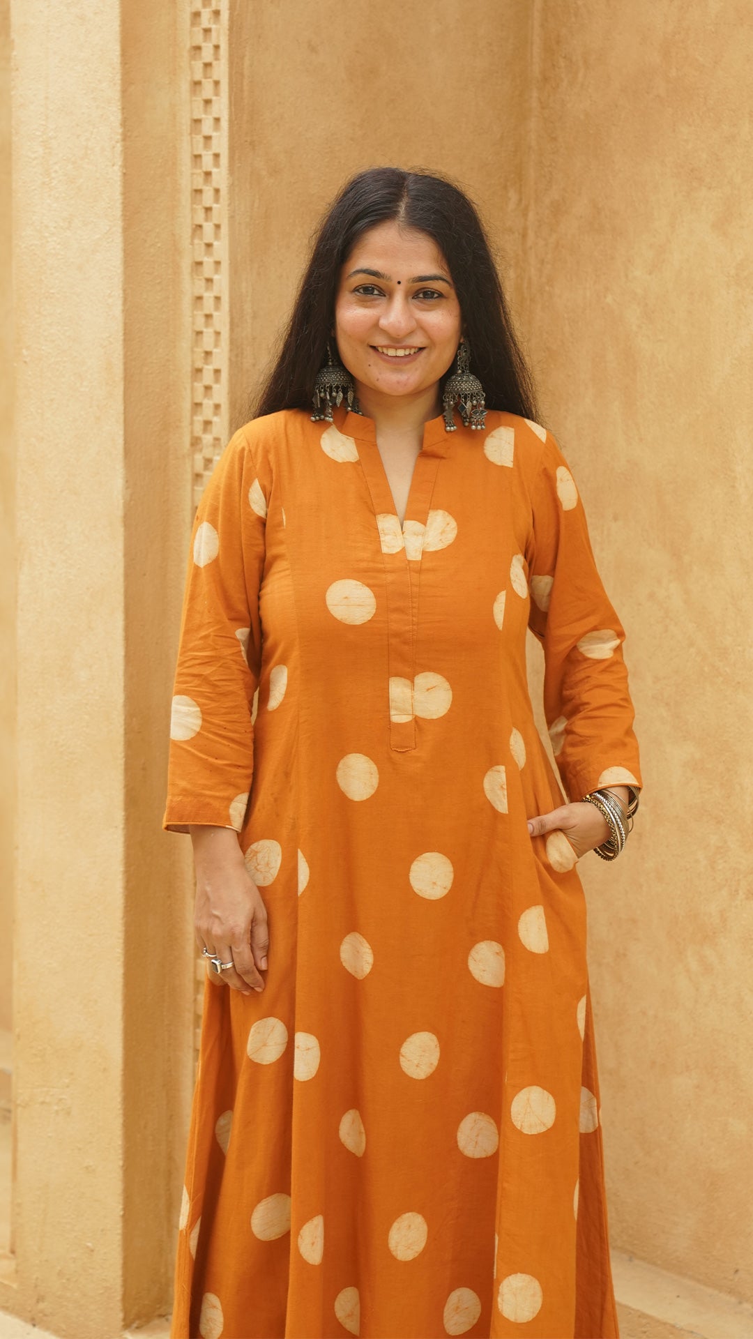 Rust Polka Dots Kali Kurta In Cotton