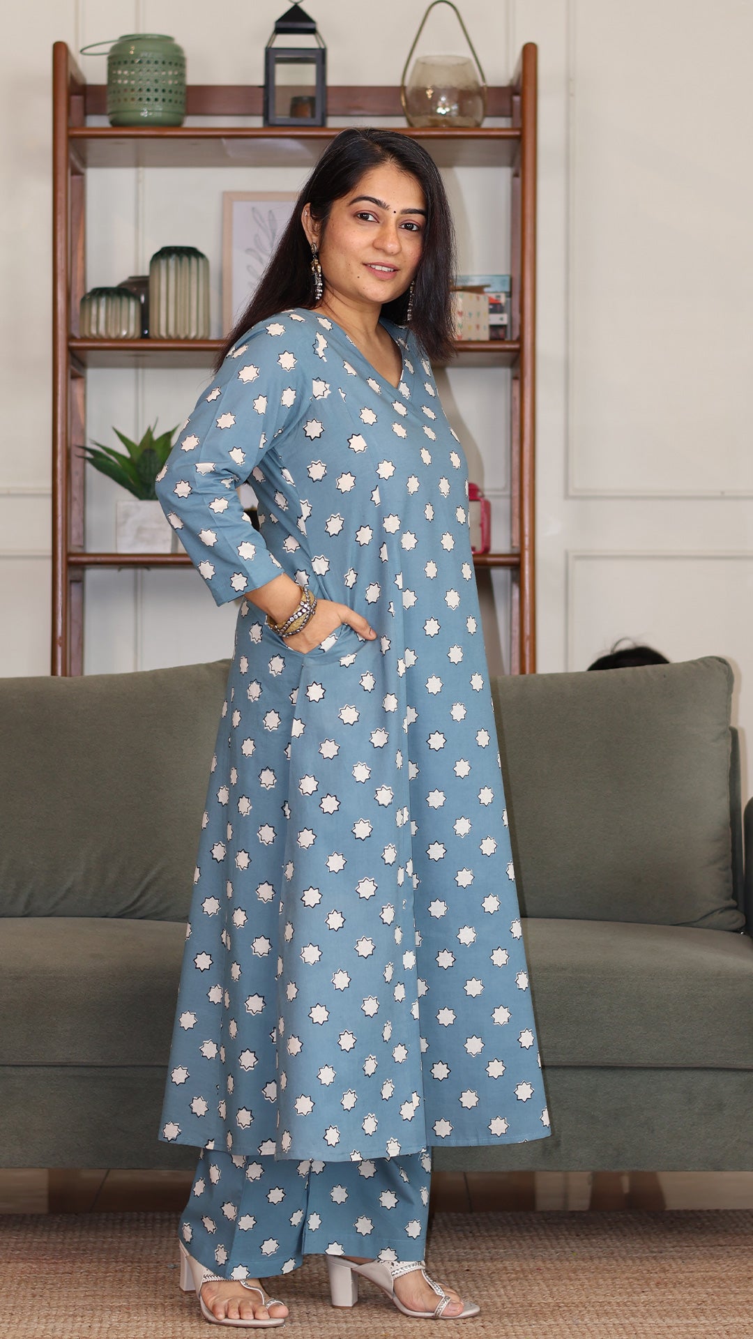 Eleanor Hand Block Cotton Kurta - Sky Blue