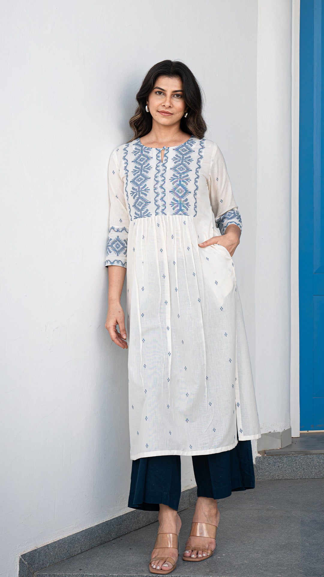 Chandani Hand Woven Cotton Kurta - White/Blue