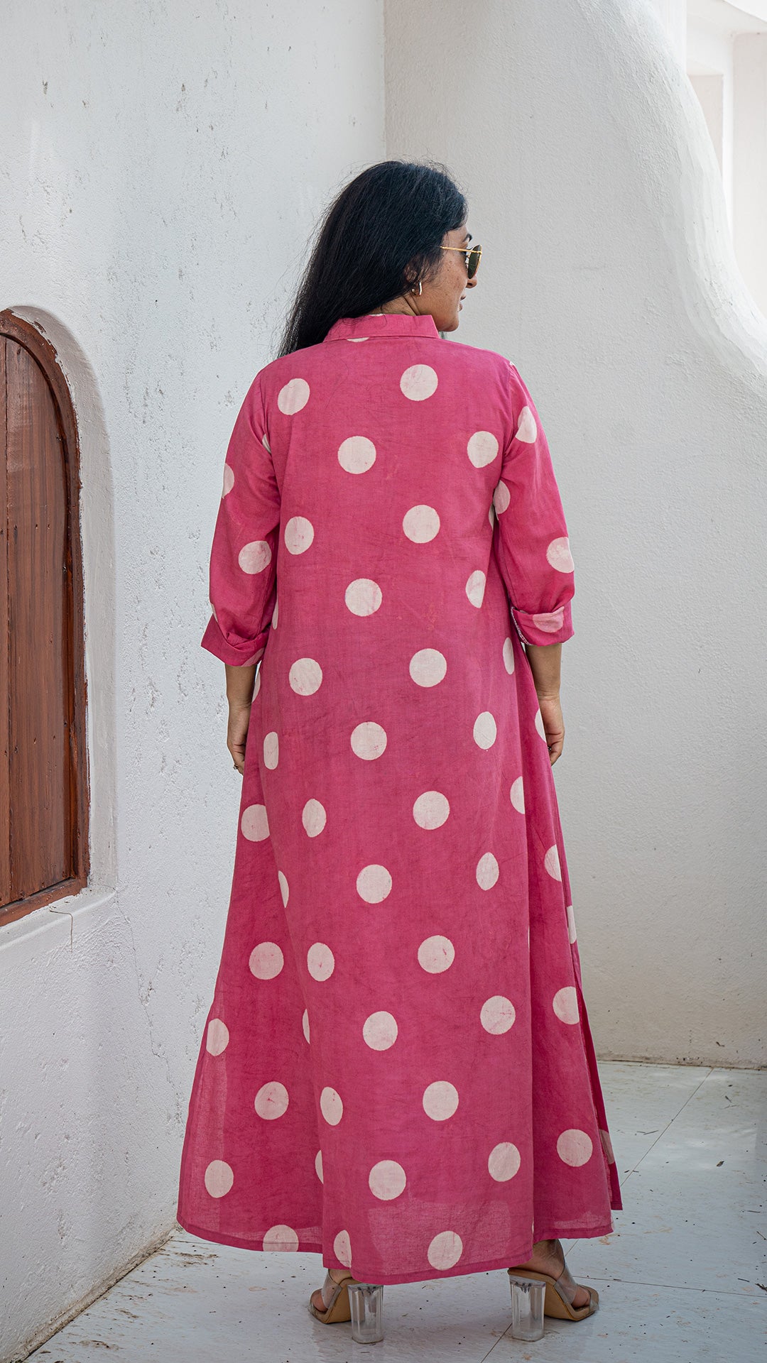 Pink Polka Cotton Shirt Dress With Slit