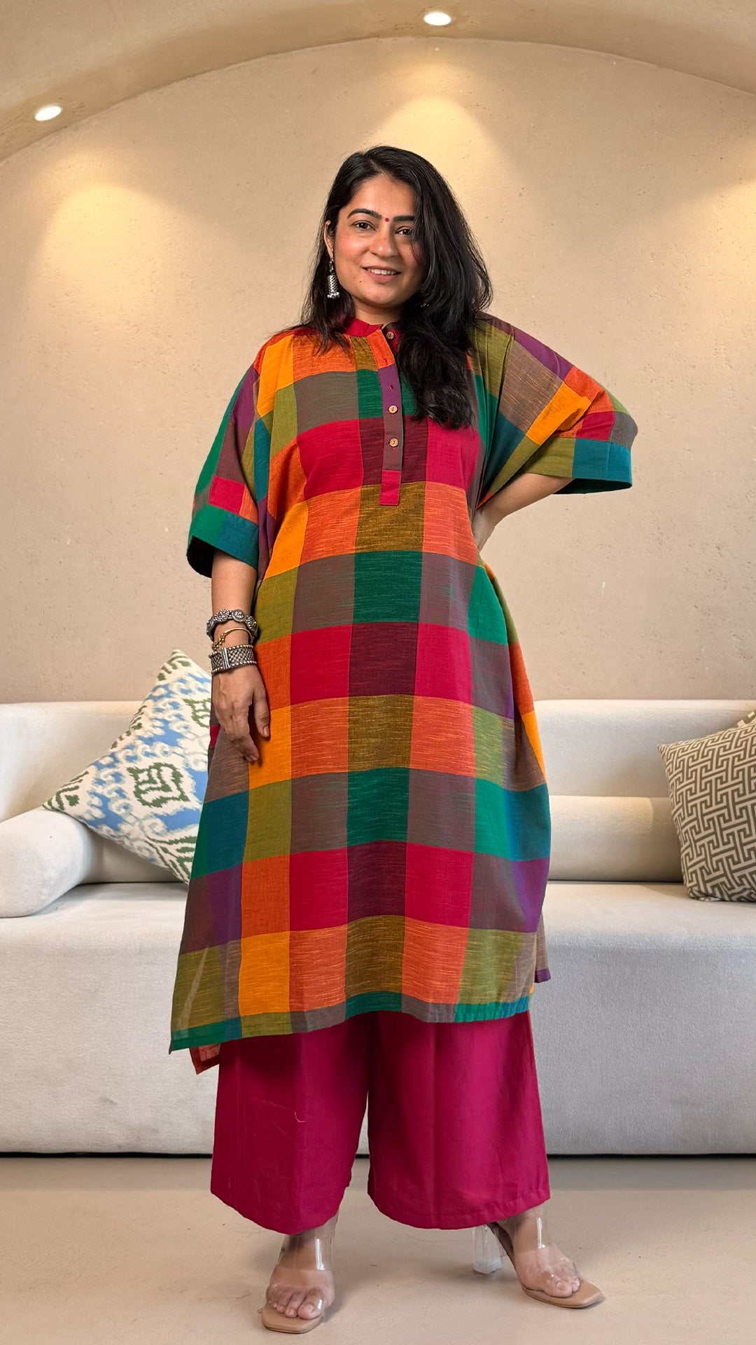 Retro Checkered Kaftan Co-ord In Handwoven Cotton - MultiColour