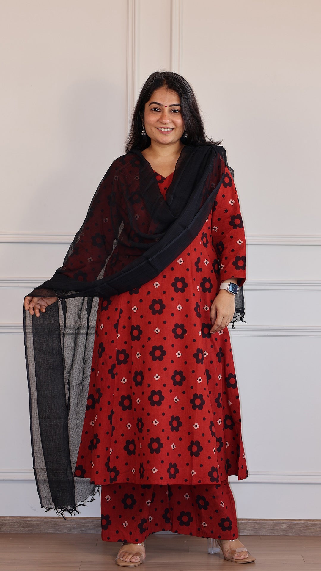 Akira Ajrakh Cotton Hand Block Kurta - Red/Black Floral