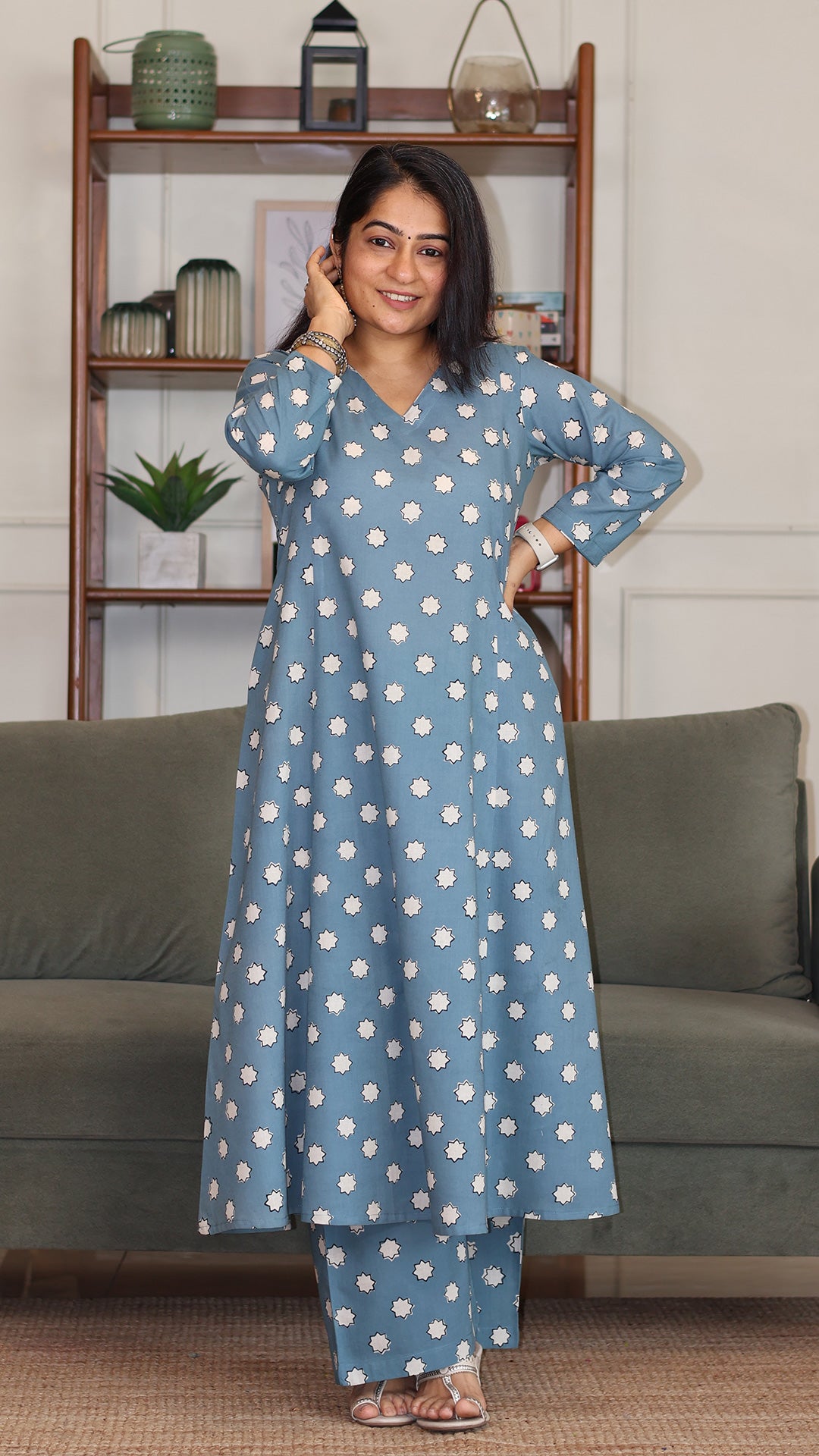 Eleanor Hand Block Cotton Kurta - Sky Blue