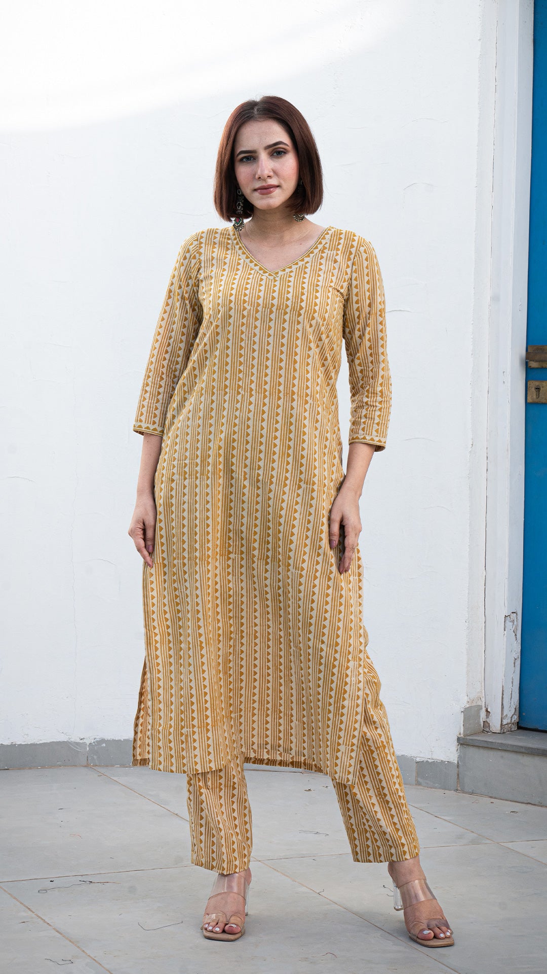 Zaiba Geometric Print Hand Block Cotton Kurta - Mustard