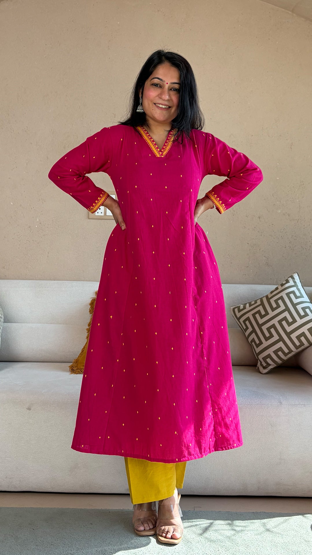 Mahira Bright Pink Hand Woven Cotton Kurta