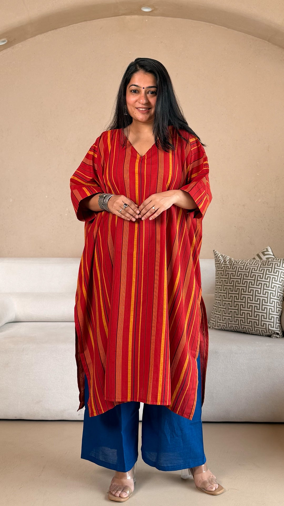 Rucha Stripes Kaftan Co-ord In Handwoven Cotton - Red