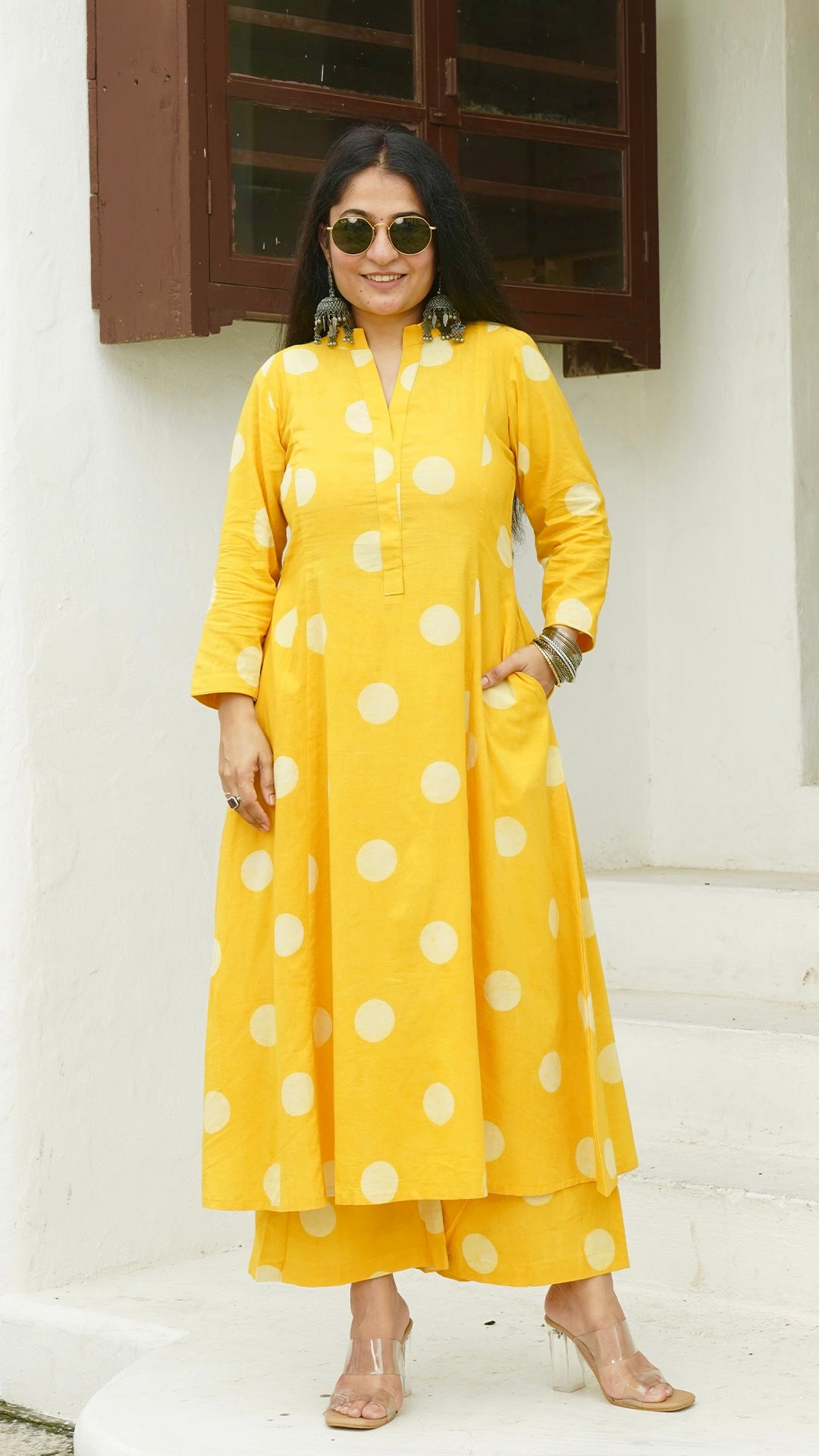 Yellow Polka Dots Kali Kurta In Cotton