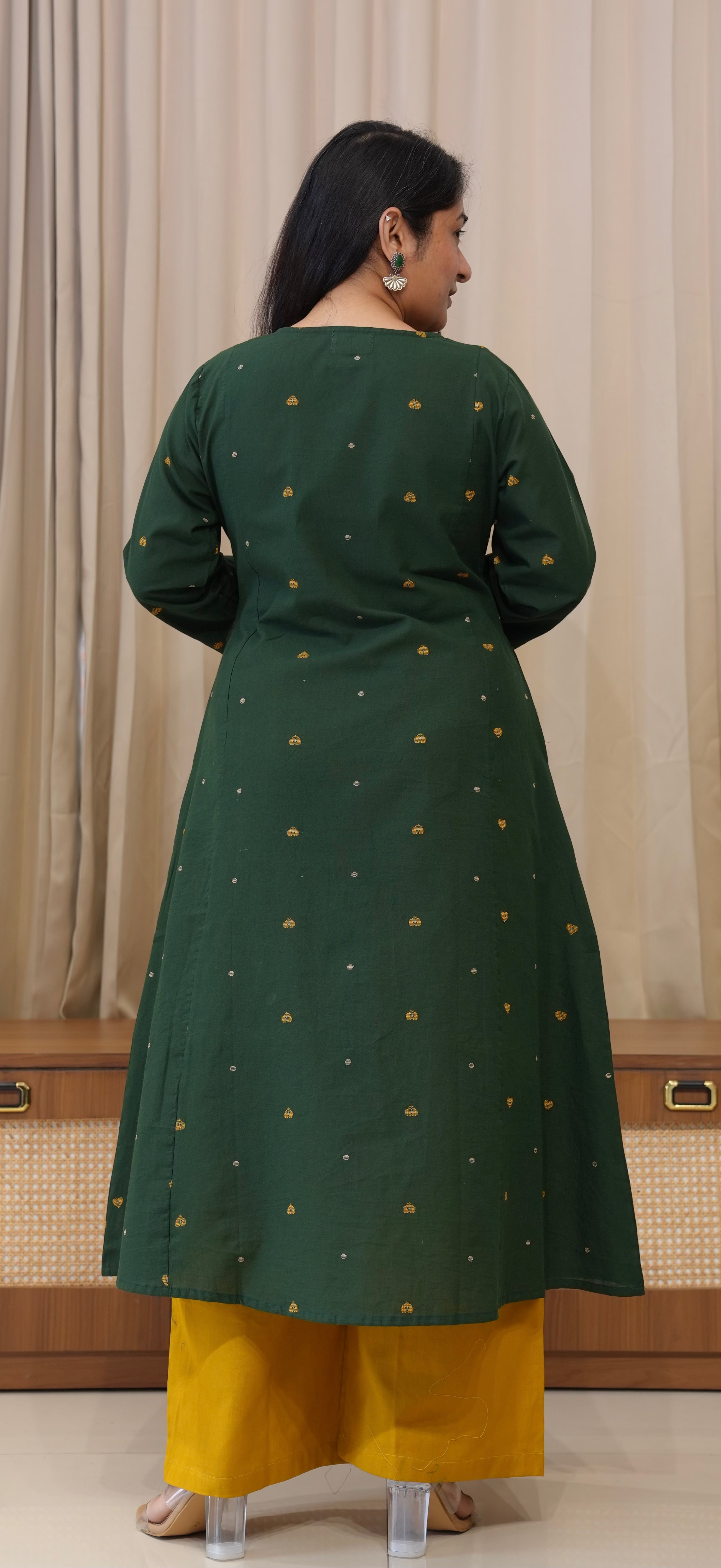 Hearts Handwoven Cotton Kurta - Dark Green
