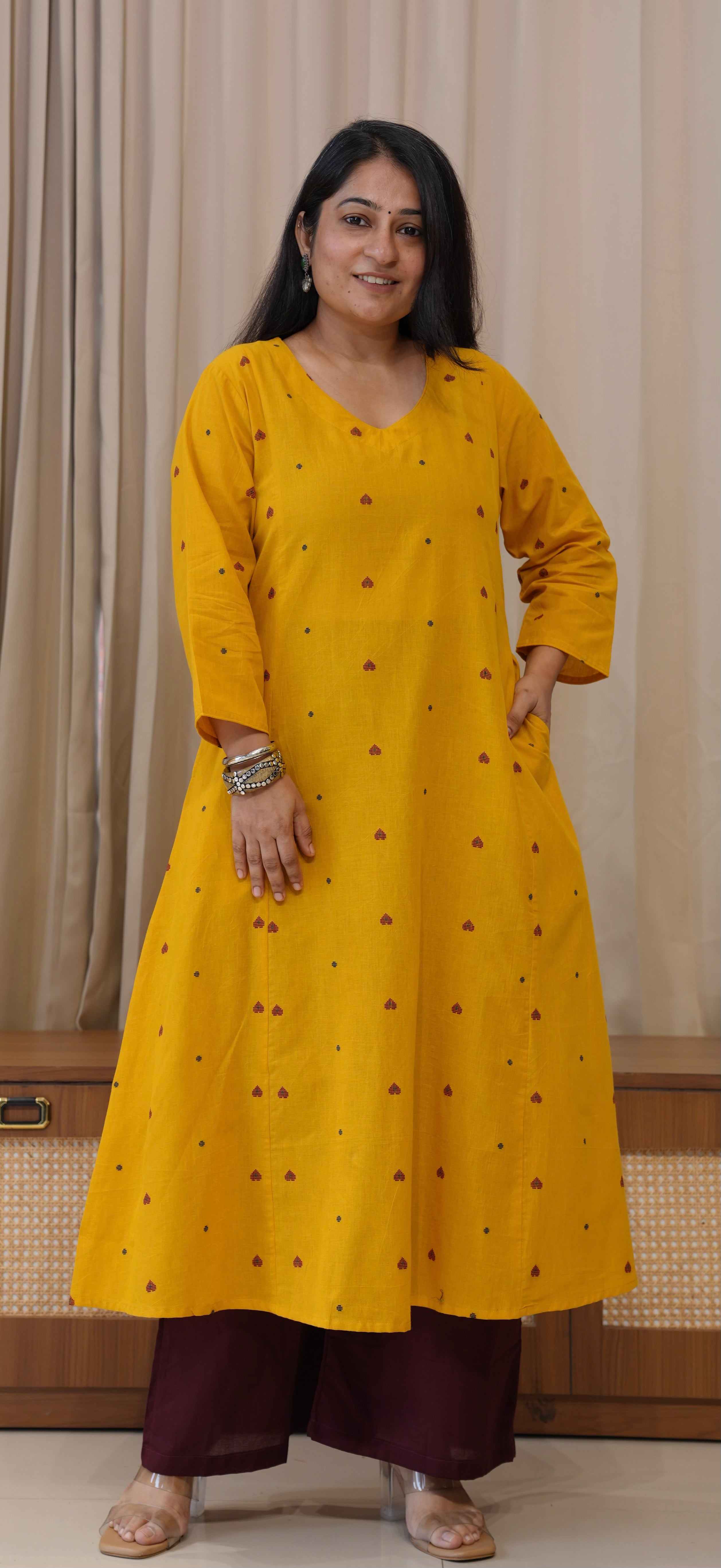 Hearts Handwoven Cotton Kurta - Yellow