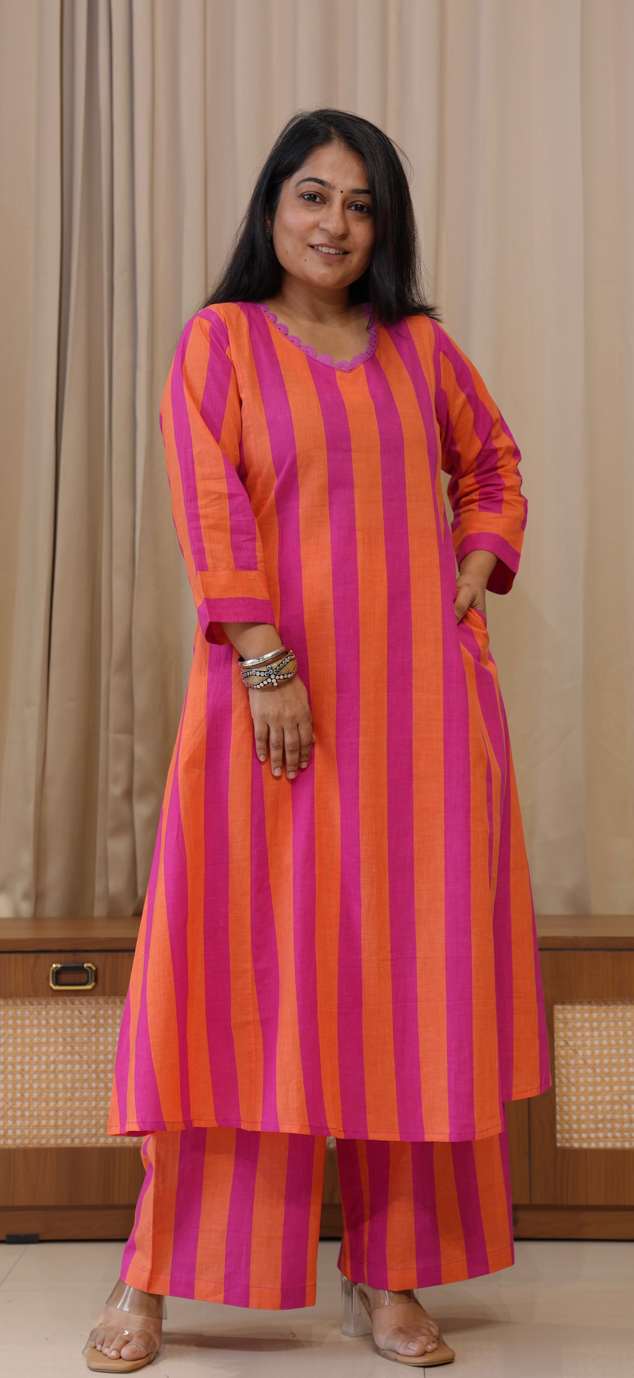 Orange/Pink Stripes Cotton Kurta