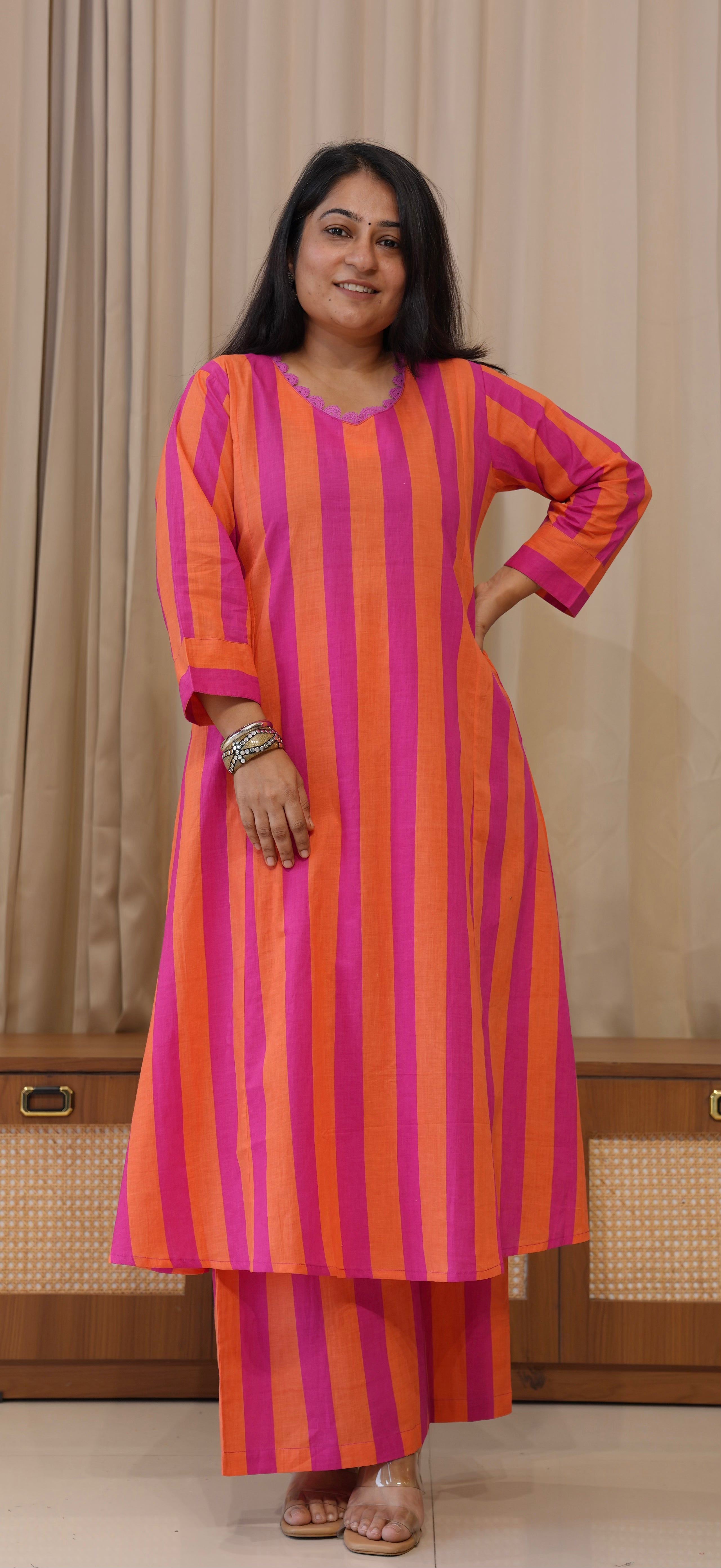 Orange/Pink Stripes Cotton Kurta