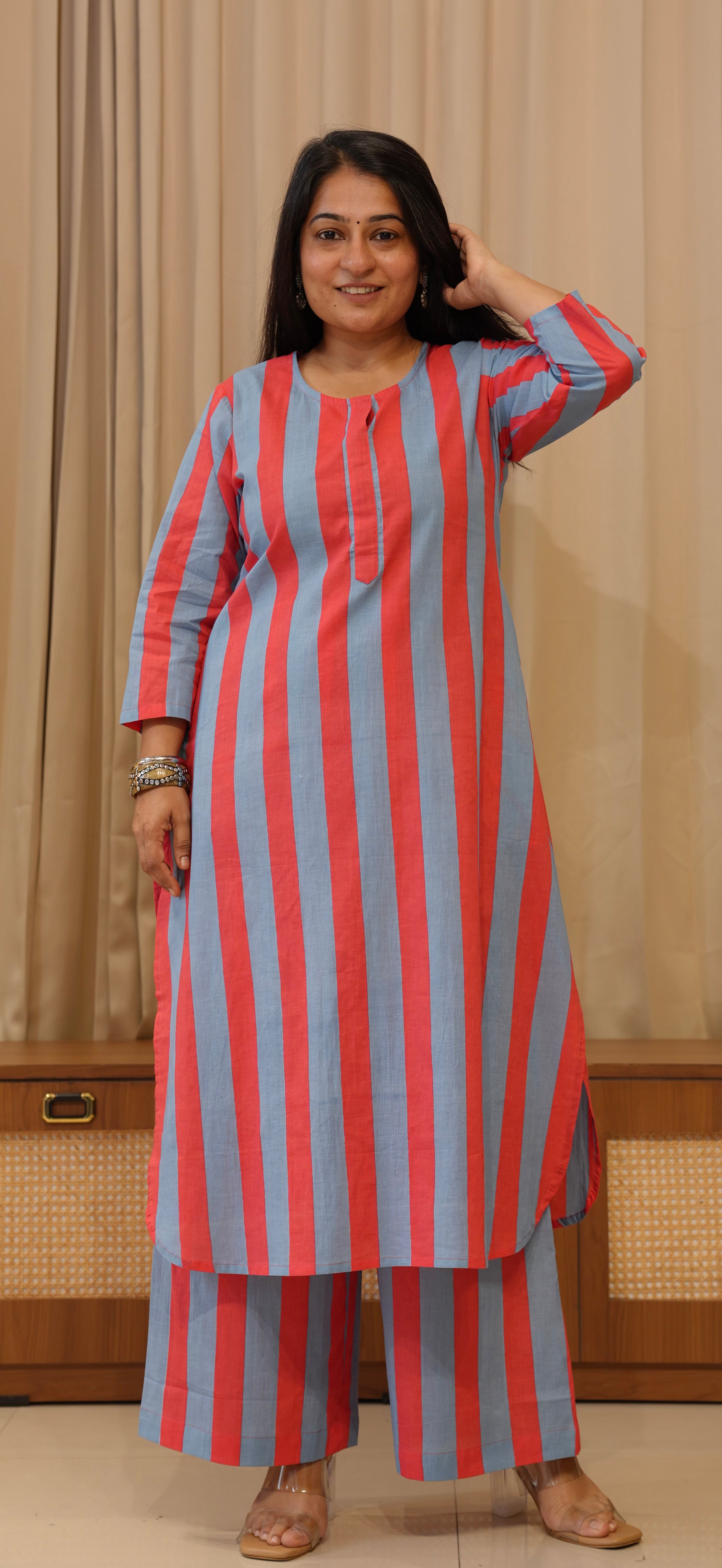 Blue/Red Stripes Cotton Co-ord Set