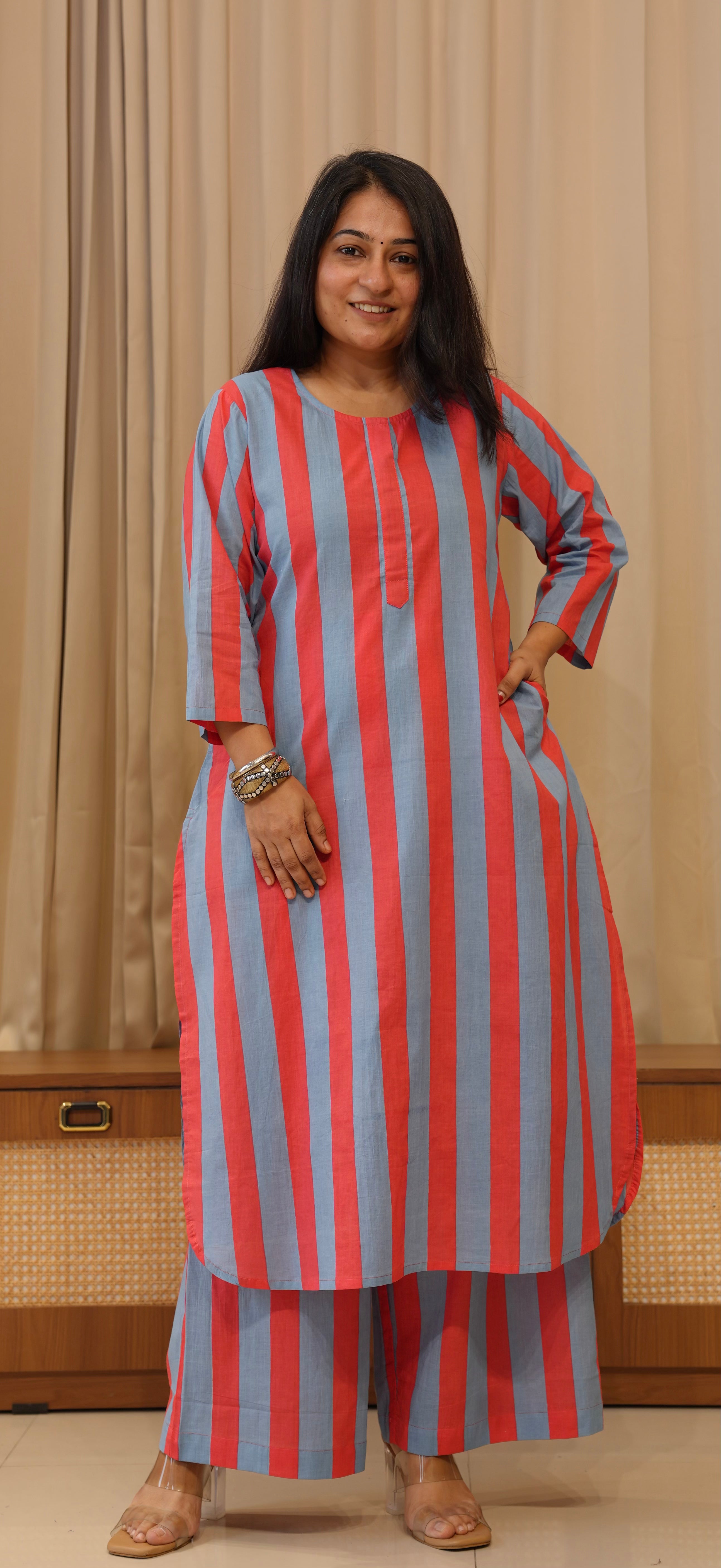 Blue/Red Stripes Cotton Co-ord Set