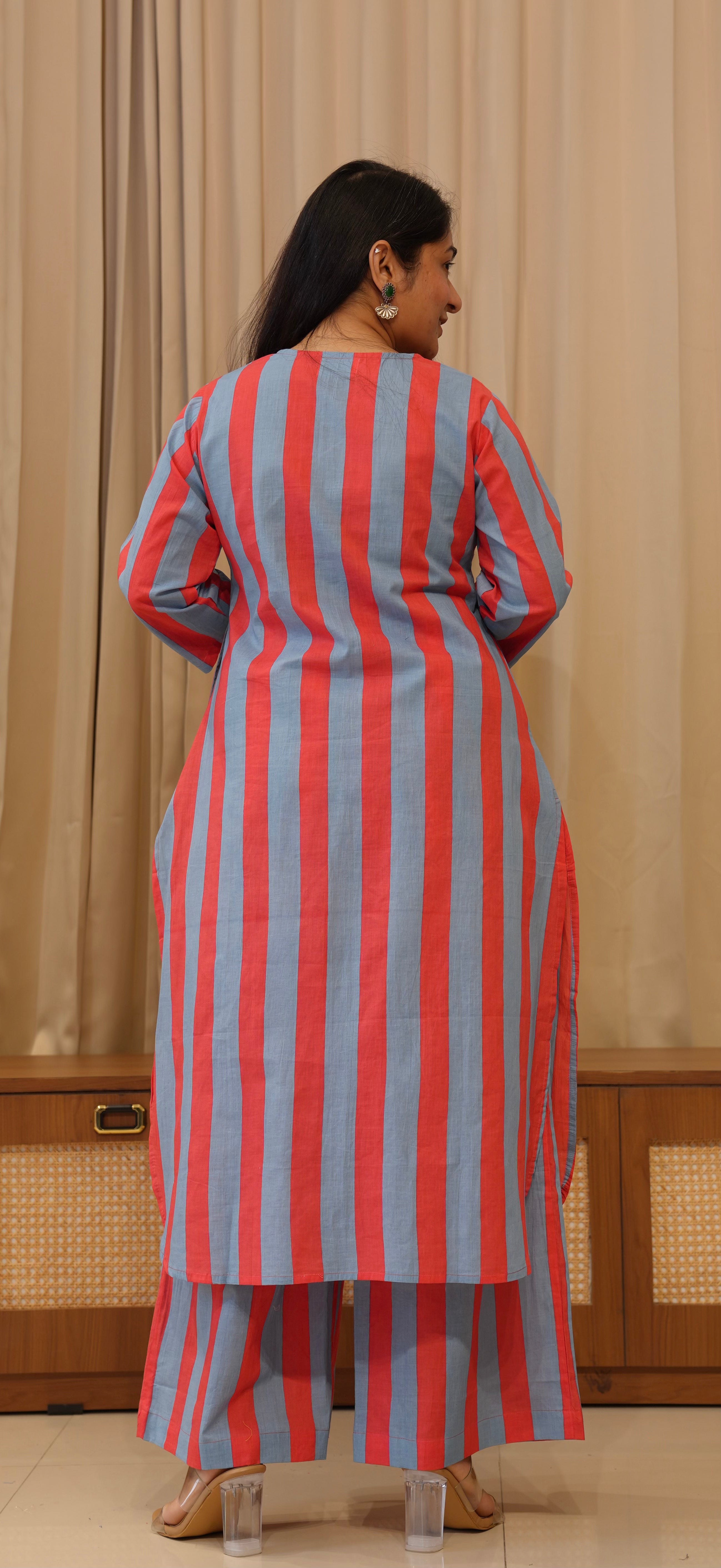 Blue/Red Stripes Cotton Co-ord Set