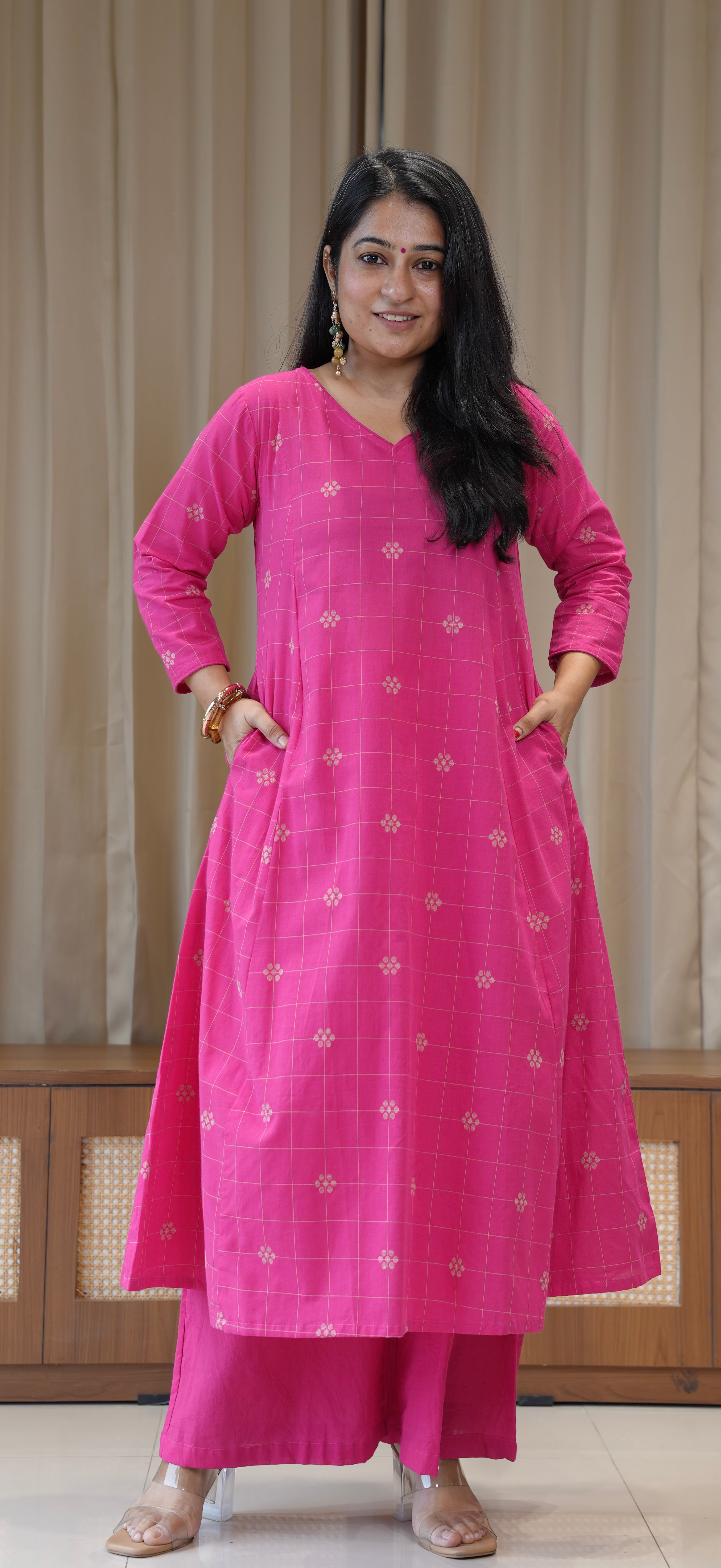 Aadhya Handwoven Cotton Kurta - Rani Pink