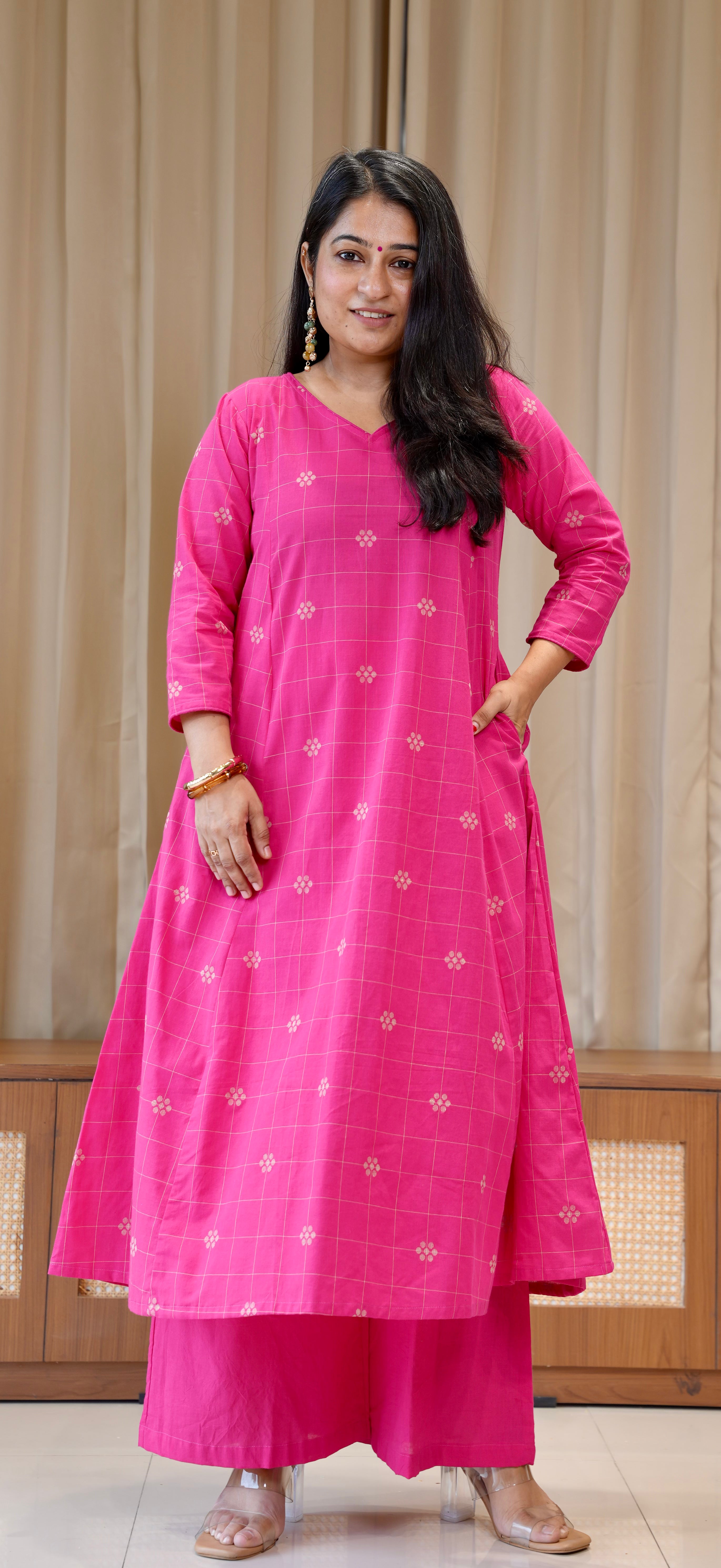 Aadhya Handwoven Cotton Kurta - Rani Pink