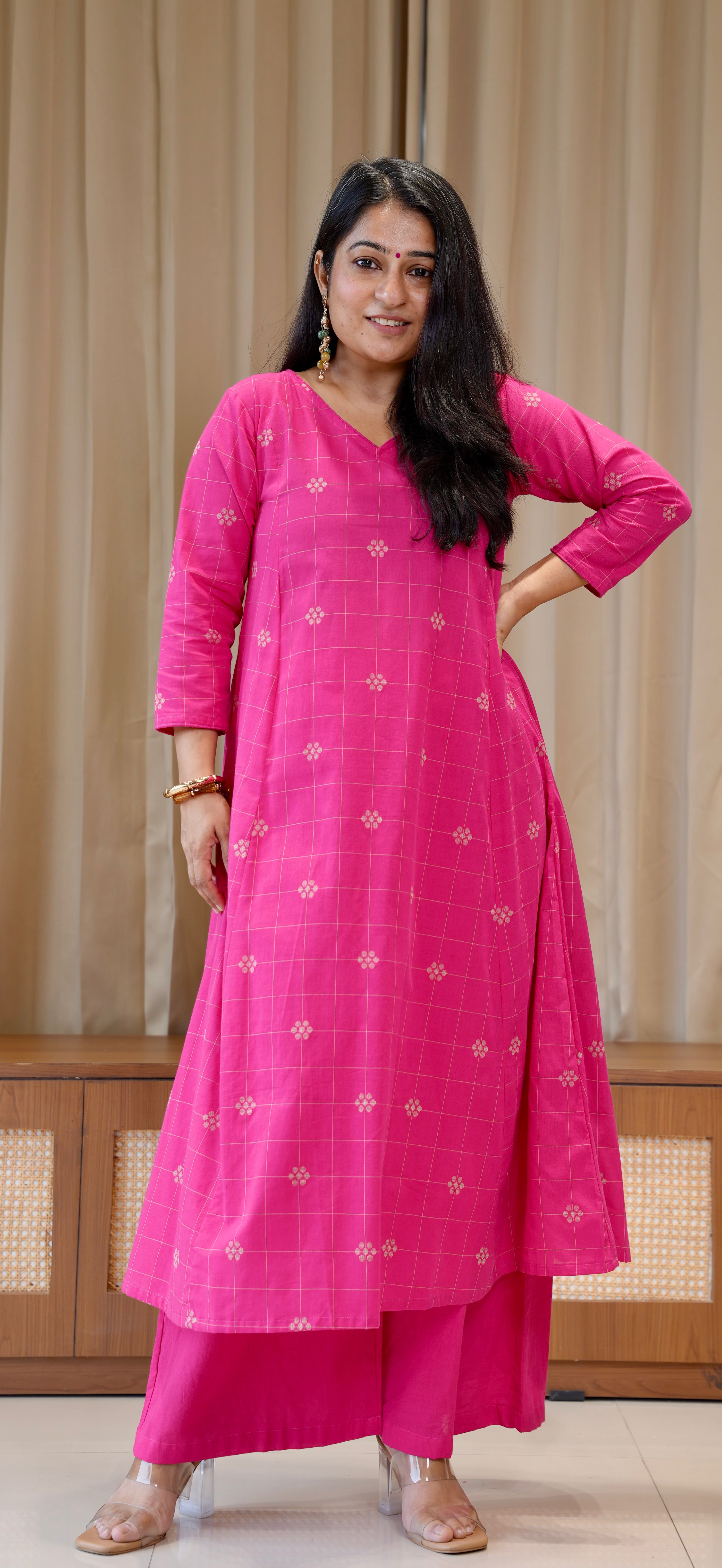 Aadhya Handwoven Cotton Kurta - Rani Pink