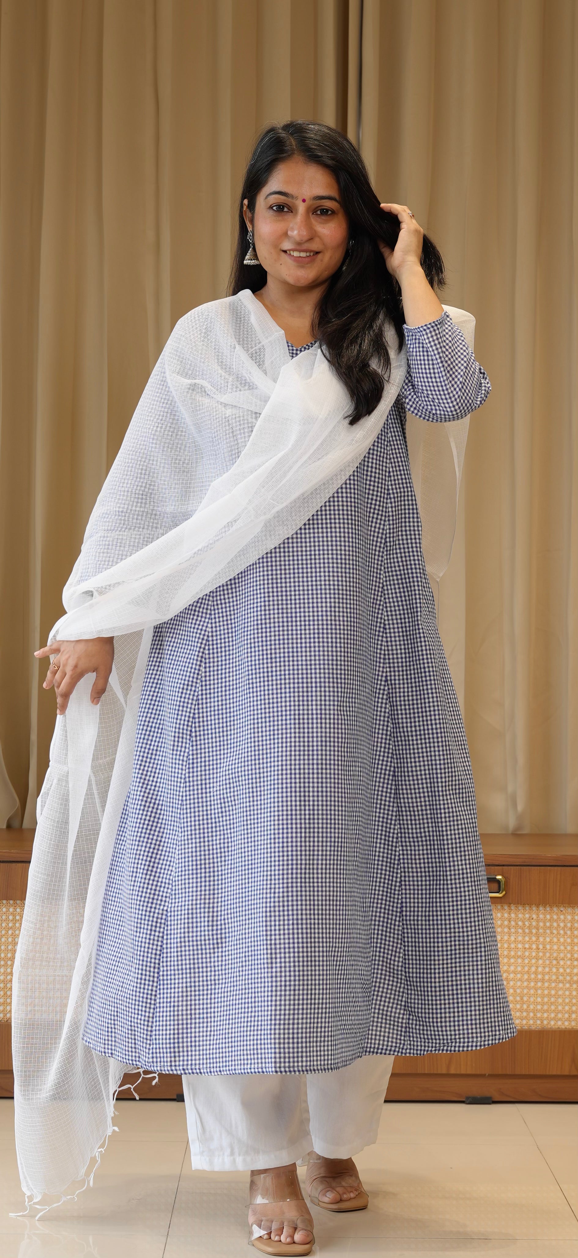 Blue Small Checks Handwoven Cotton Kurta