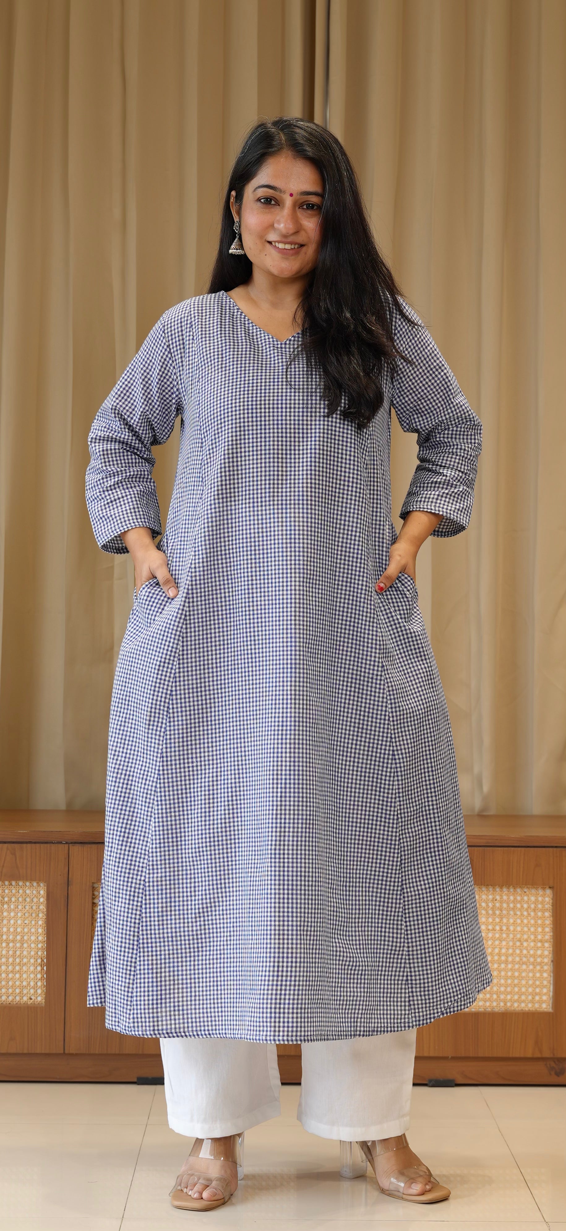 Blue Small Checks Handwoven Cotton Kurta