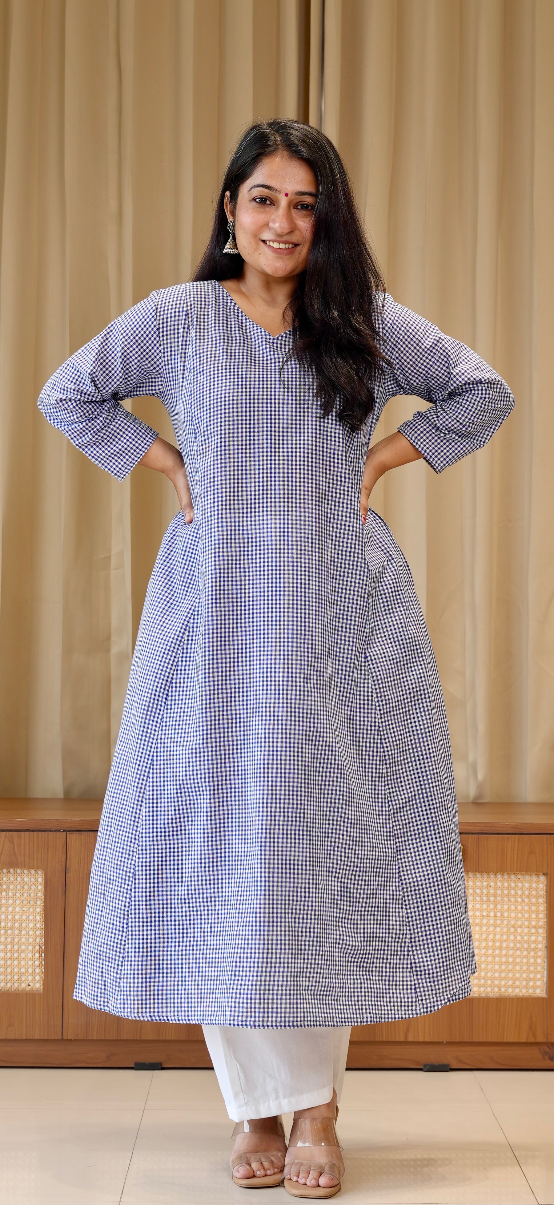 Blue Small Checks Handwoven Cotton Kurta