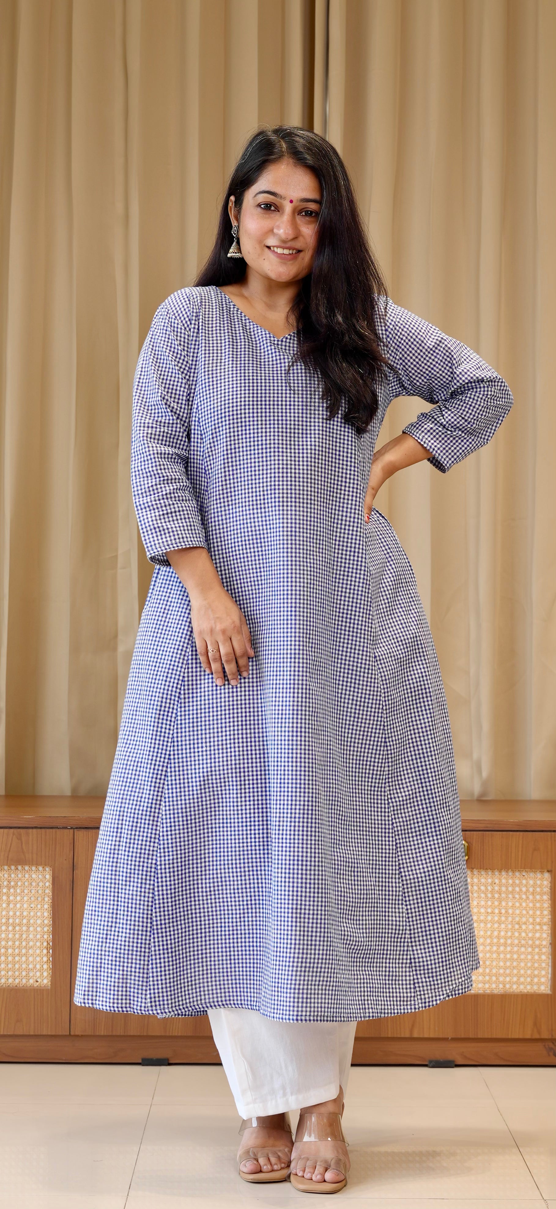 Blue Small Checks Handwoven Cotton Kurta