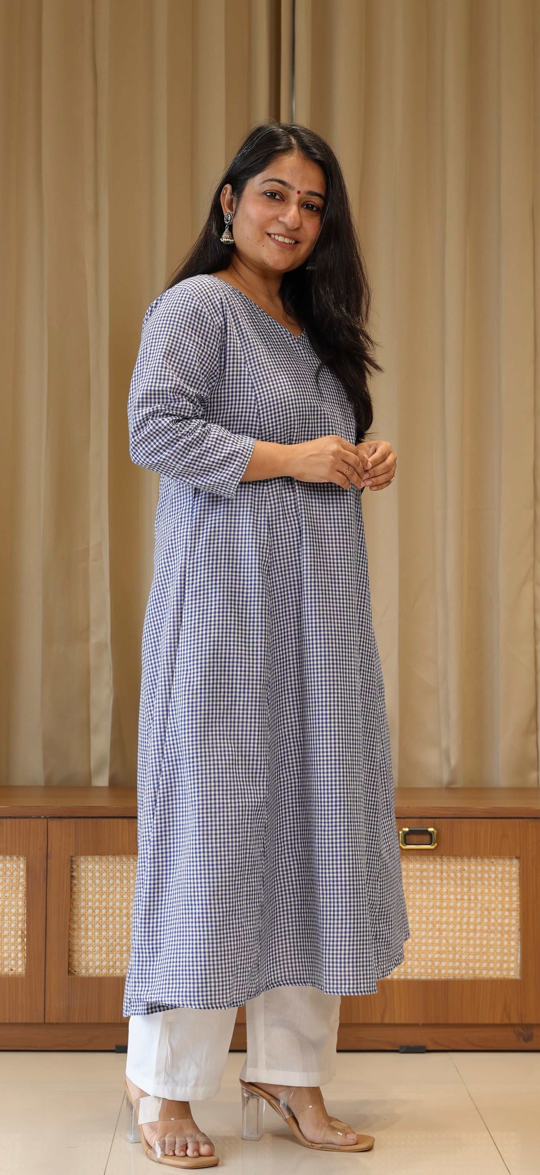 Blue Small Checks Handwoven Cotton Kurta