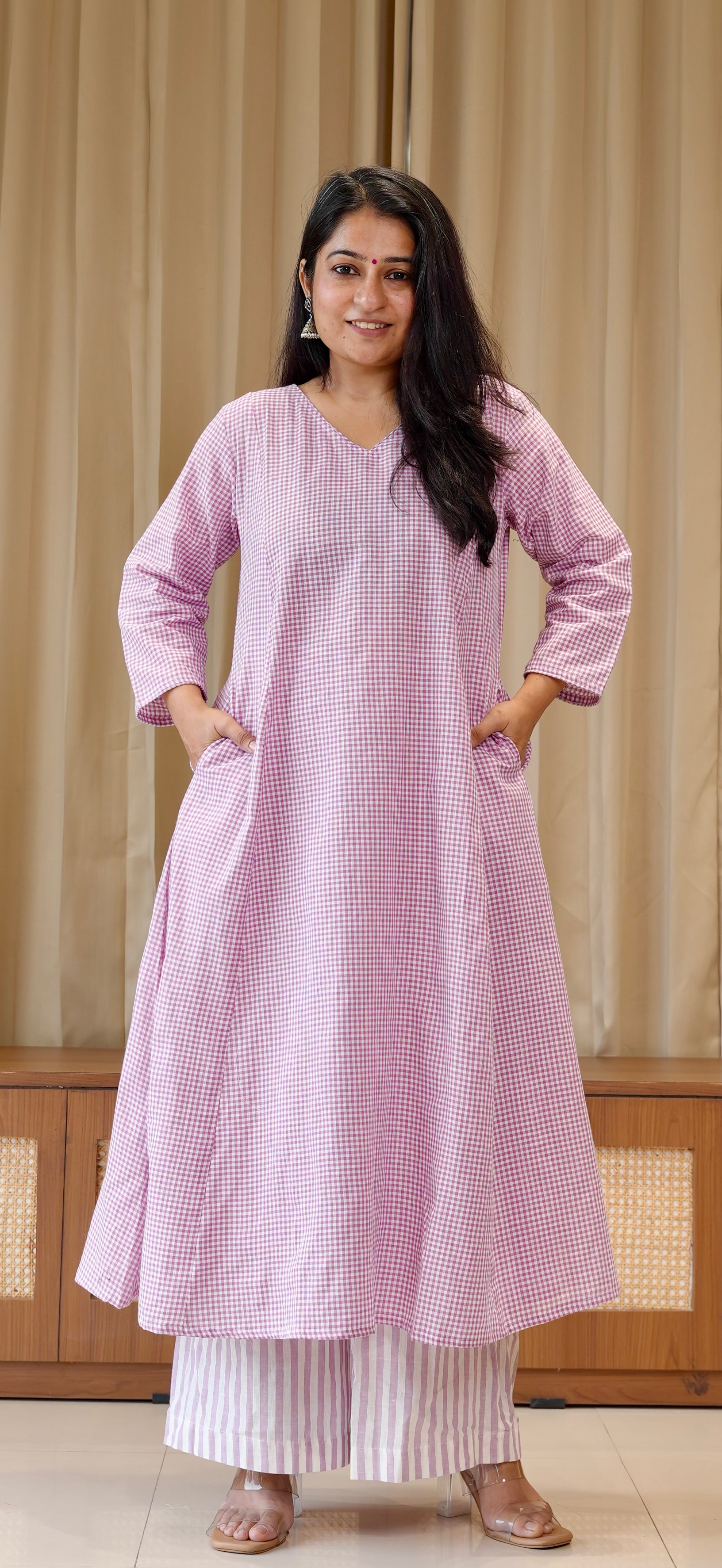 Lavender Small Checks+Stripes Handwoven Cotton Kurta