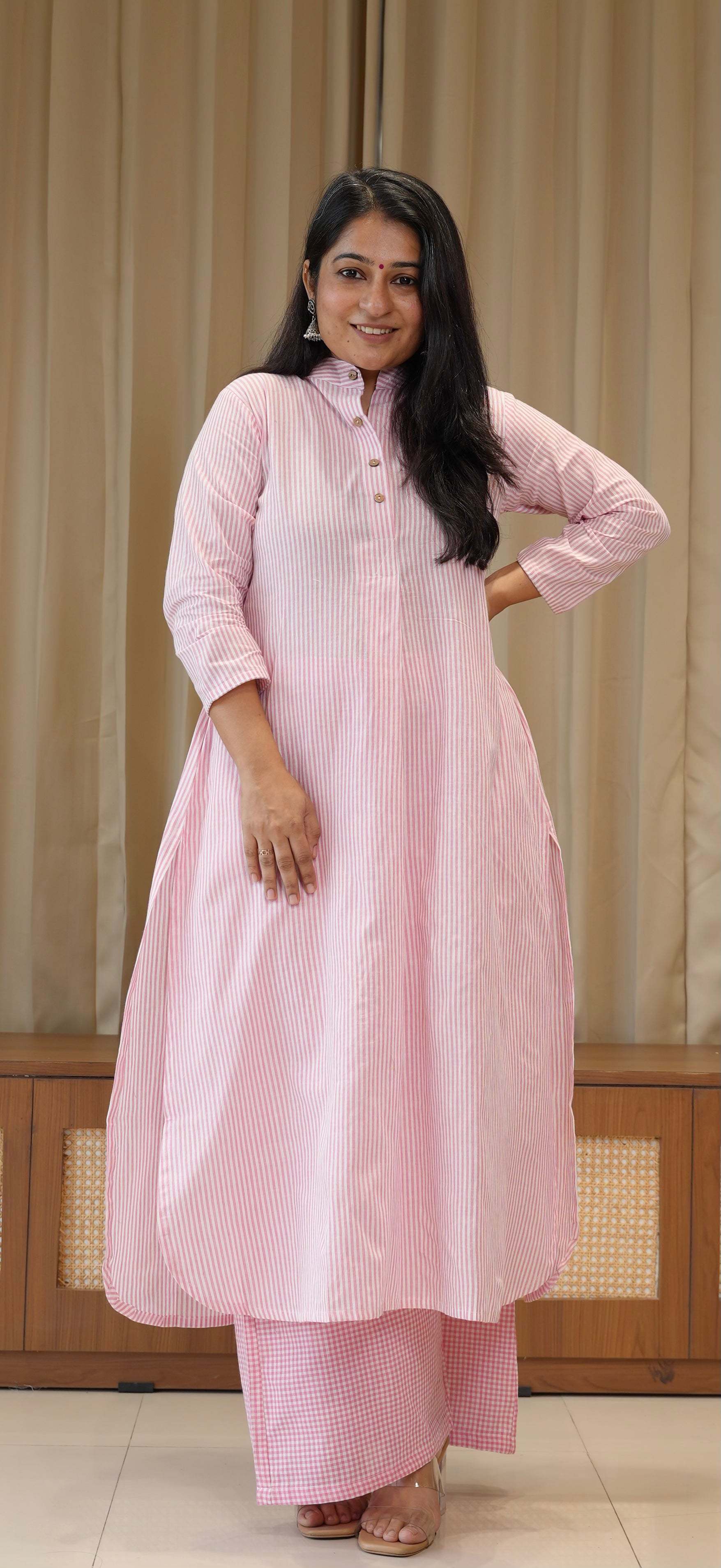 Light Pink Small Checks+Stripes Handwoven Cotton Kurta