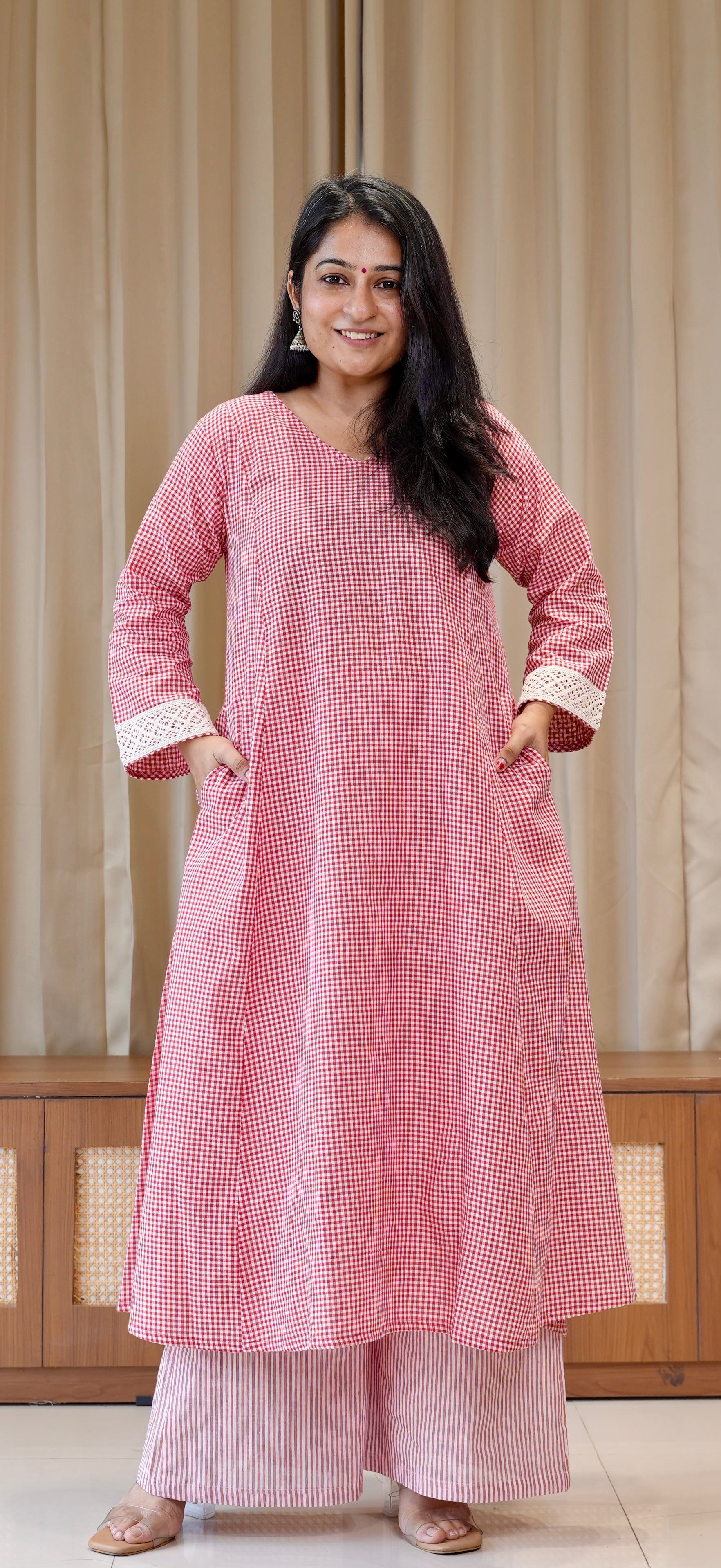 Red Small Checks+Stripes Handwoven Cotton Kurta