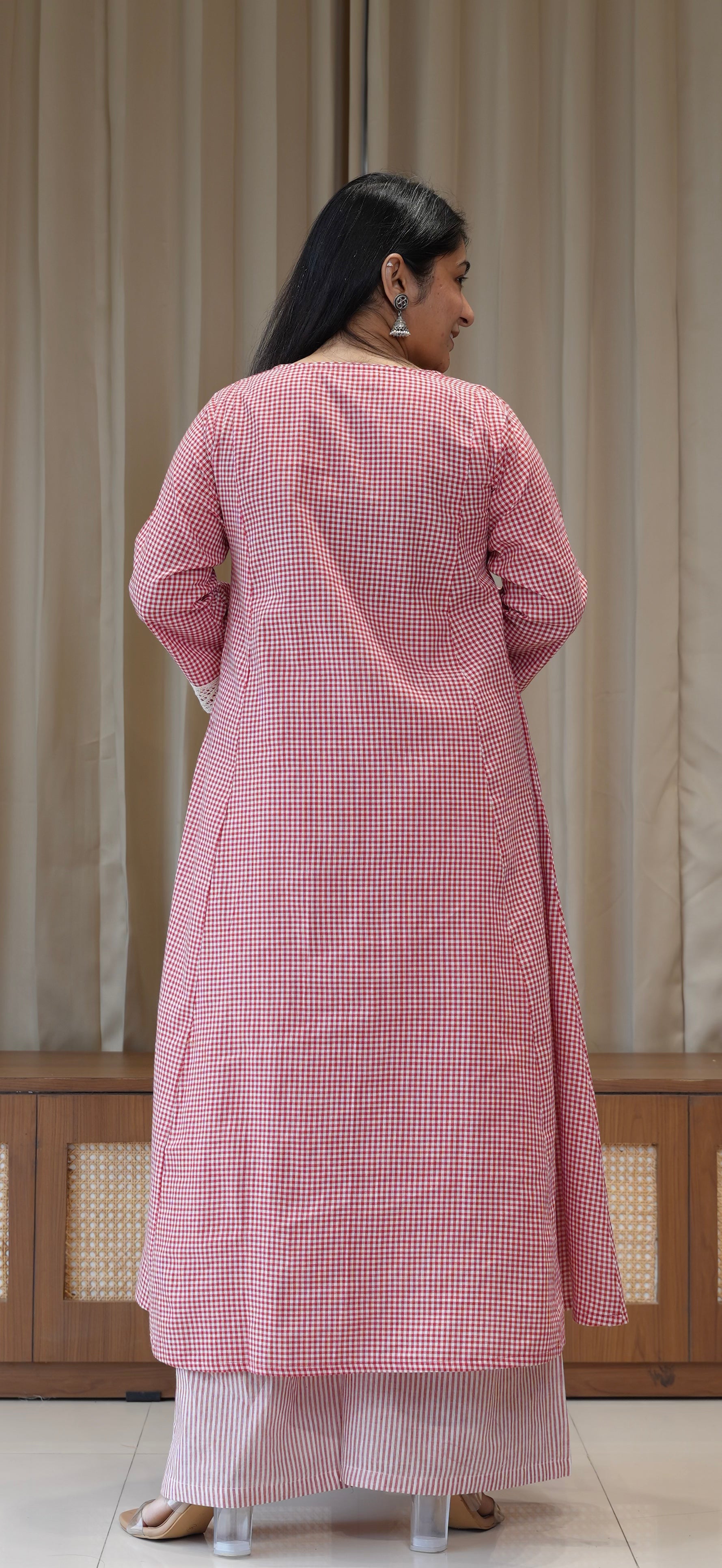 Red Small Checks+Stripes Handwoven Cotton Kurta