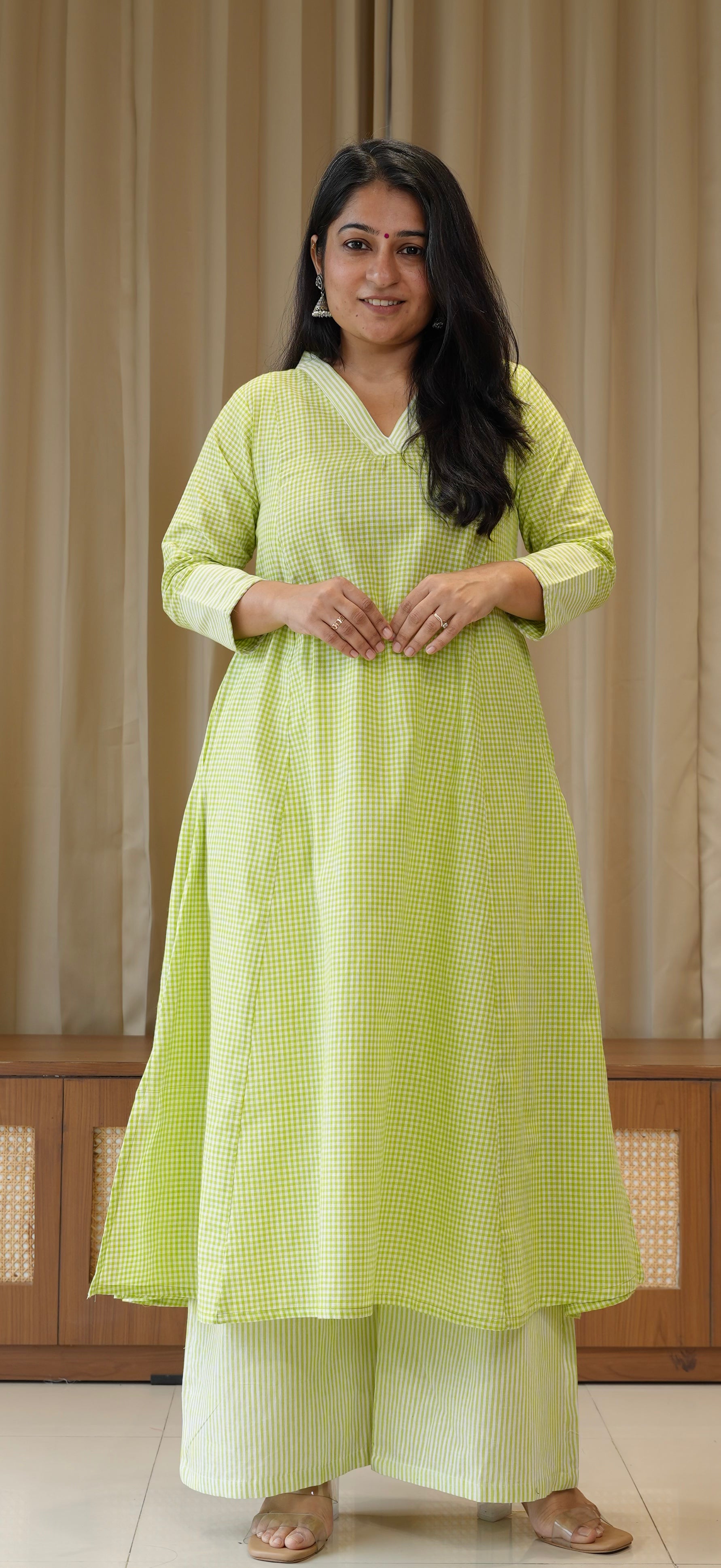 Green Small Checks+Stripes Handwoven Cotton Kurta
