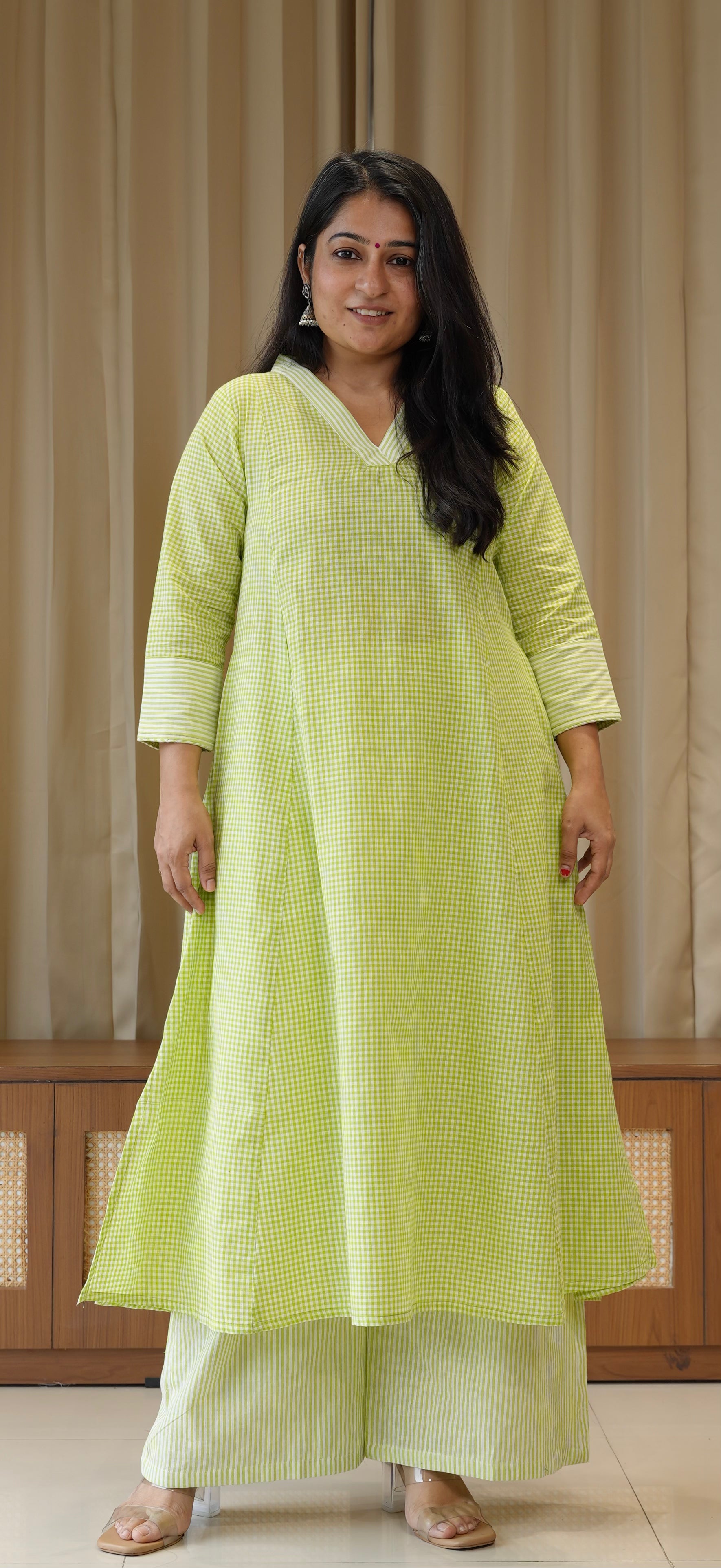 Green Small Checks+Stripes Handwoven Cotton Kurta