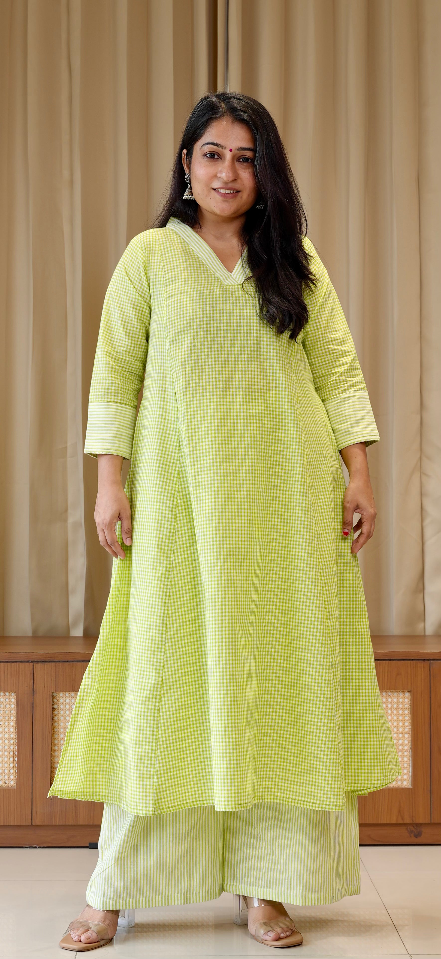 Green Small Checks+Stripes Handwoven Cotton Kurta