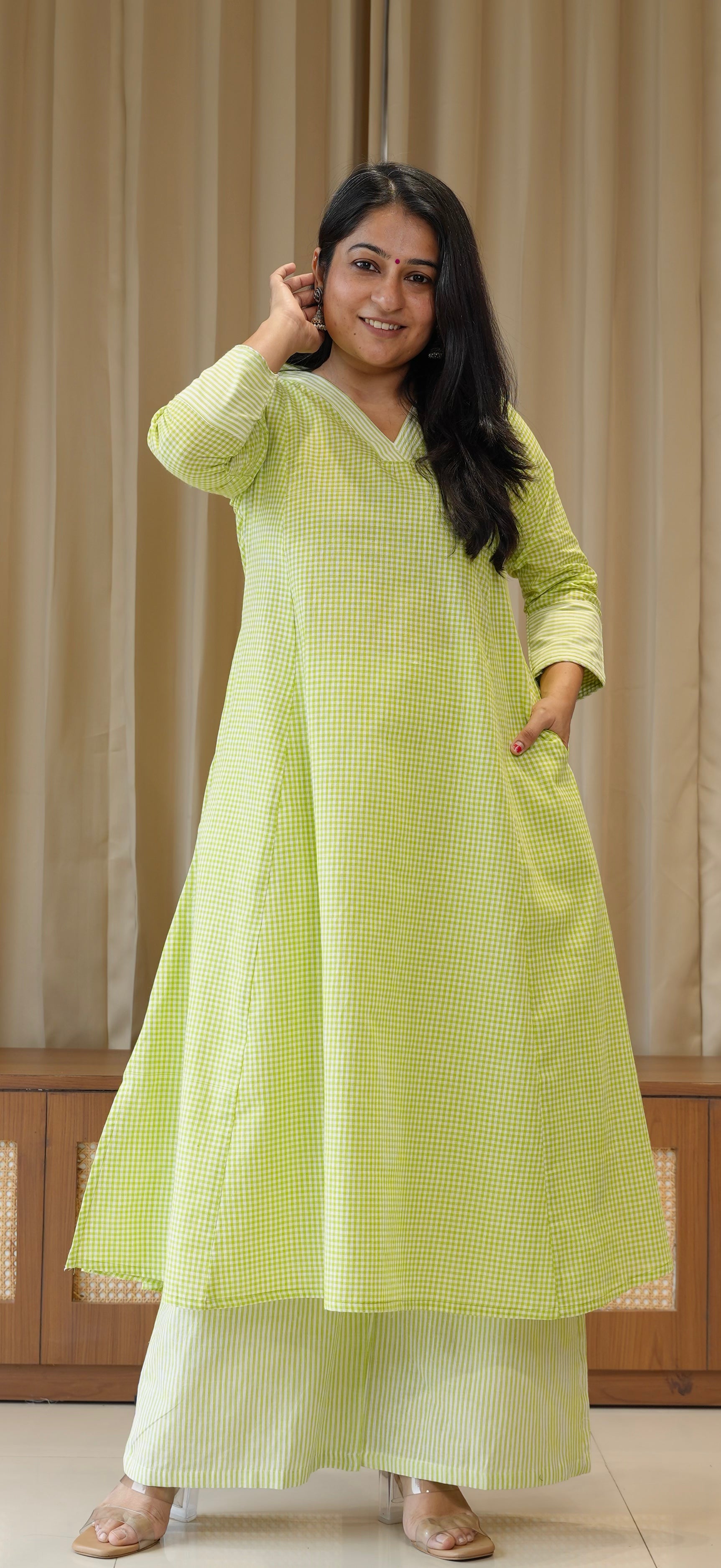 Green Small Checks+Stripes Handwoven Cotton Kurta