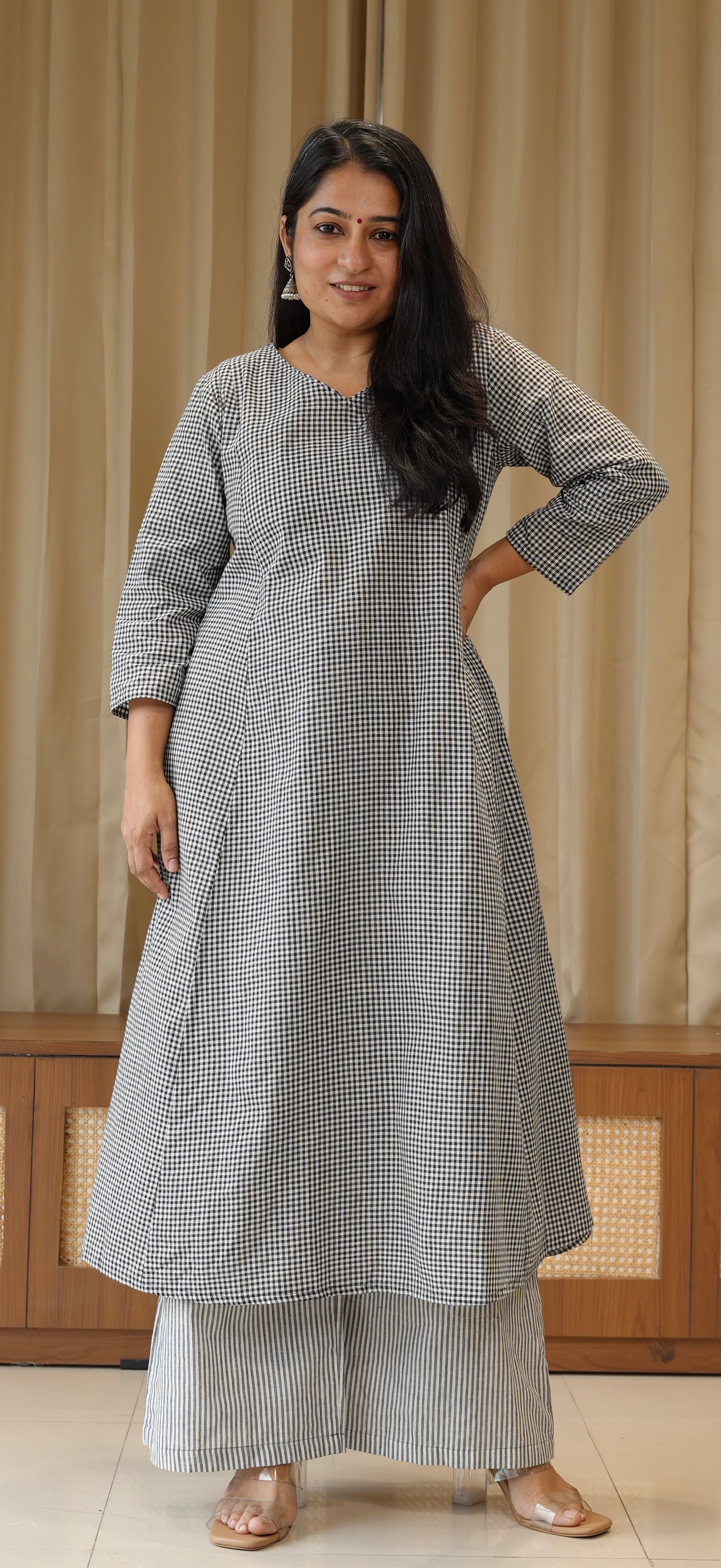 Black Small Checks+Stripes Handwoven Cotton Kurta