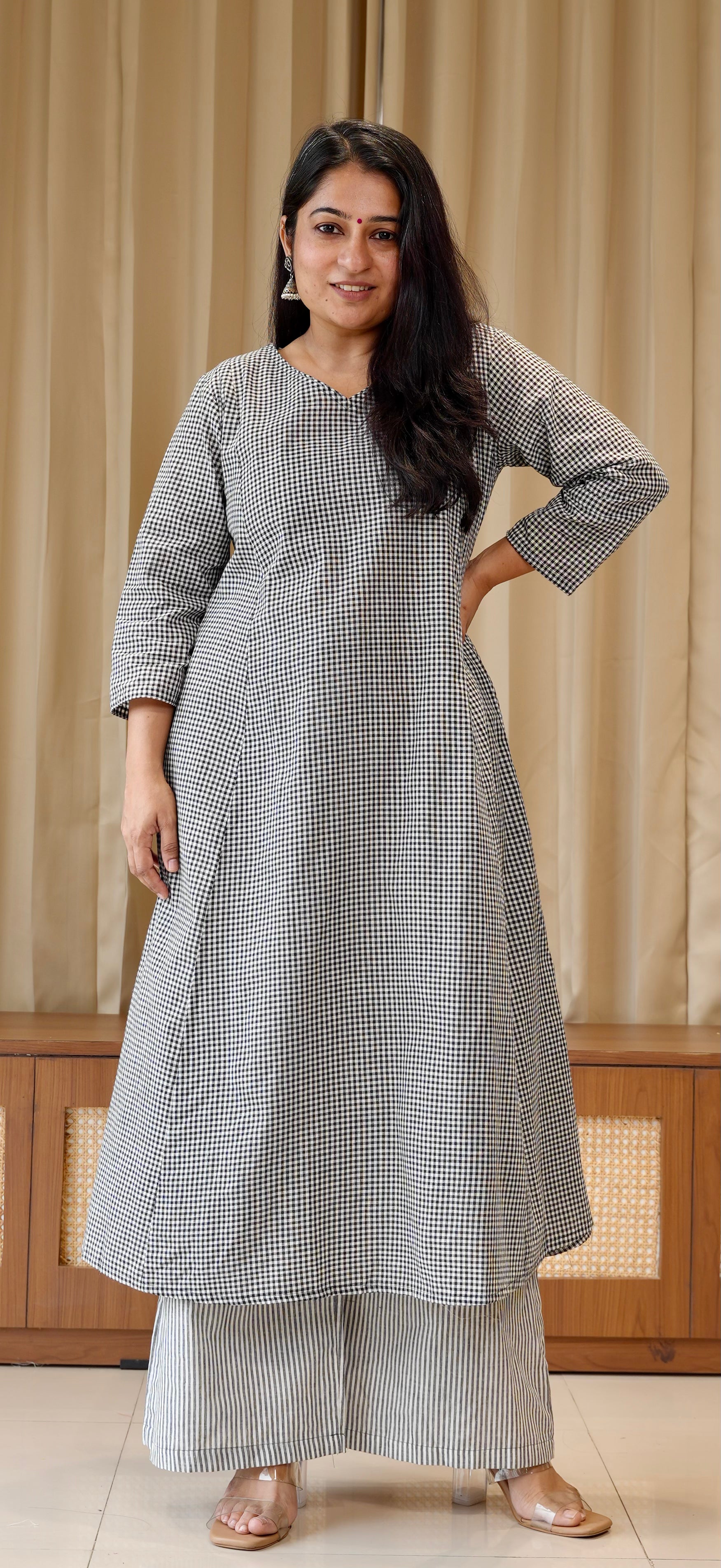 Black Small Checks+Stripes Handwoven Cotton Kurta