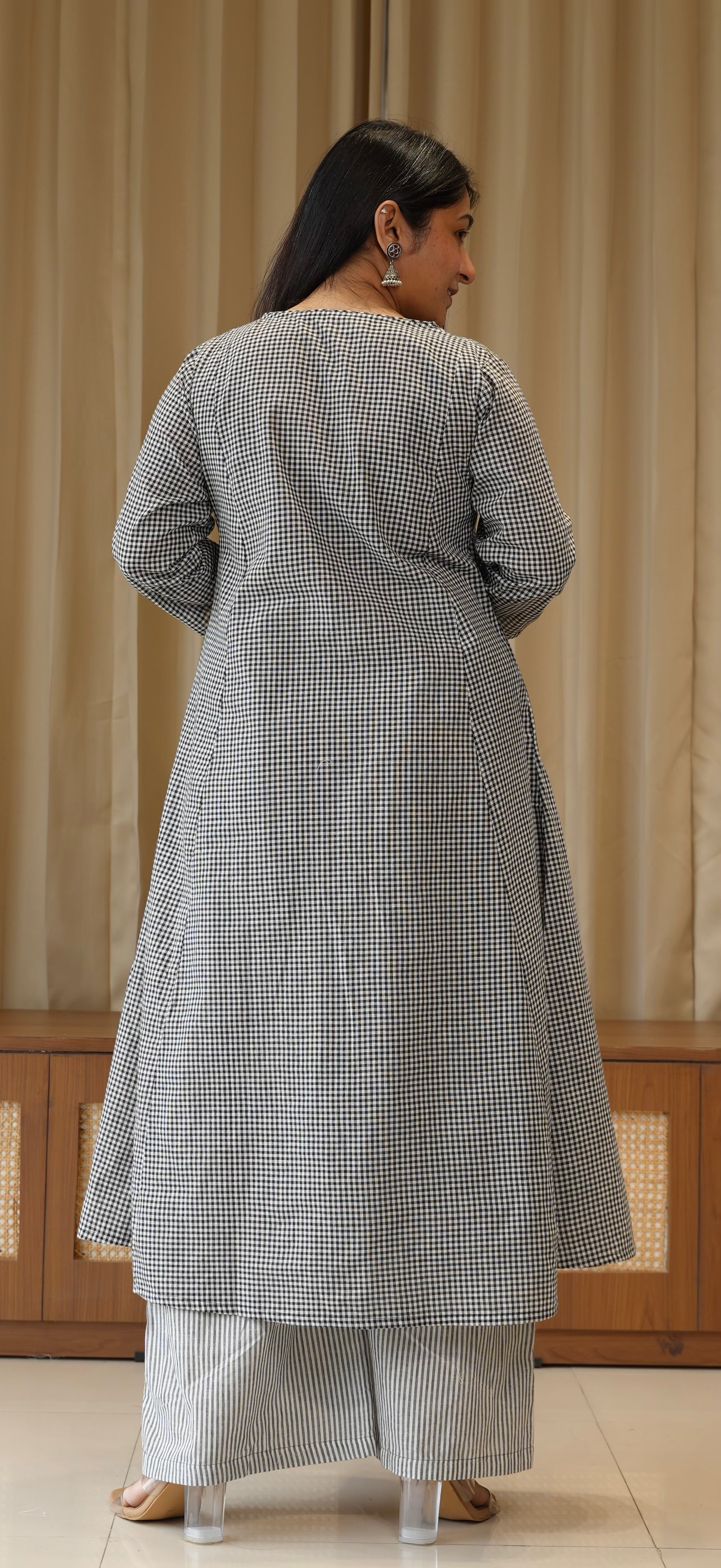 Black Small Checks+Stripes Handwoven Cotton Kurta