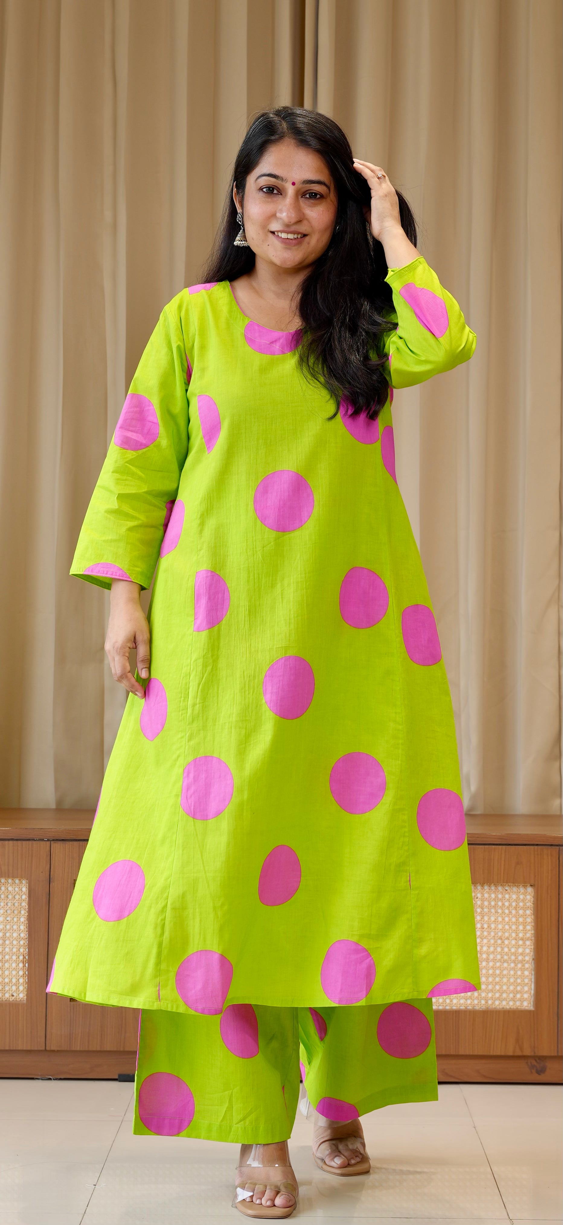 Green/Pink Polka Dots Cotton Kurta Set