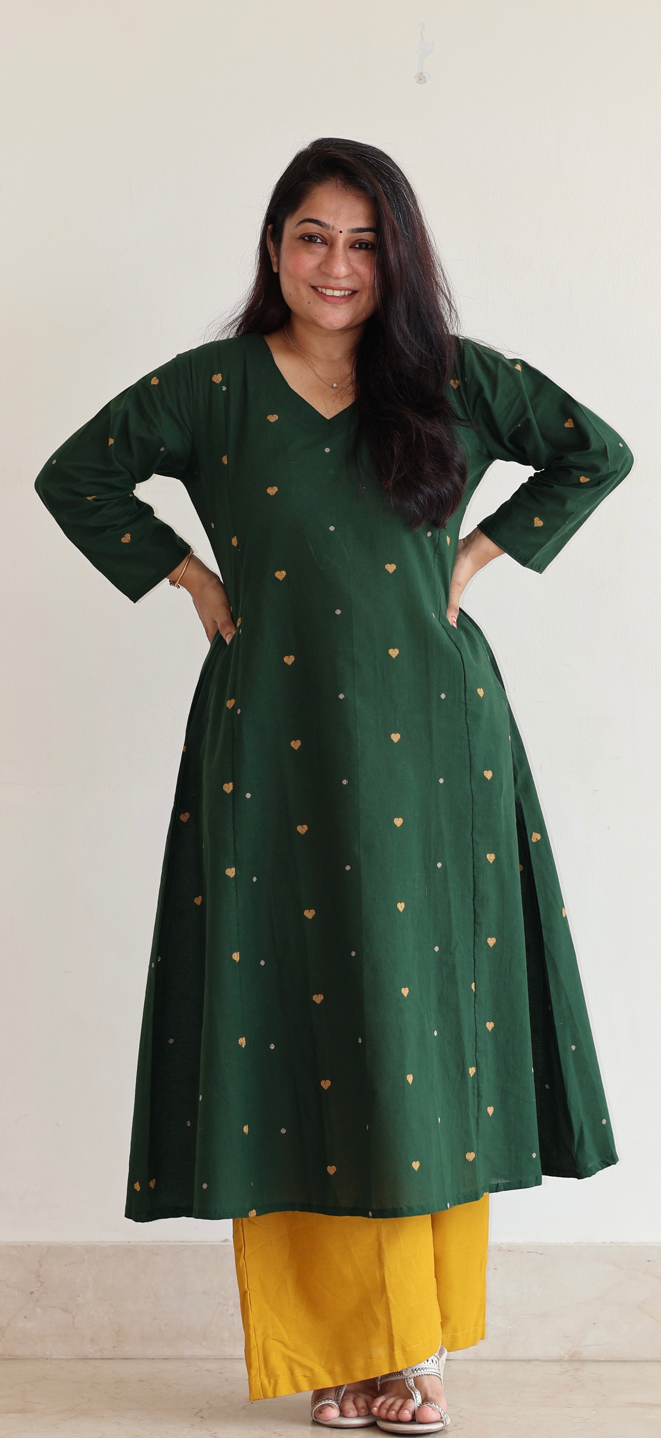 Hearts Handwoven Cotton Kurta - Dark Green
