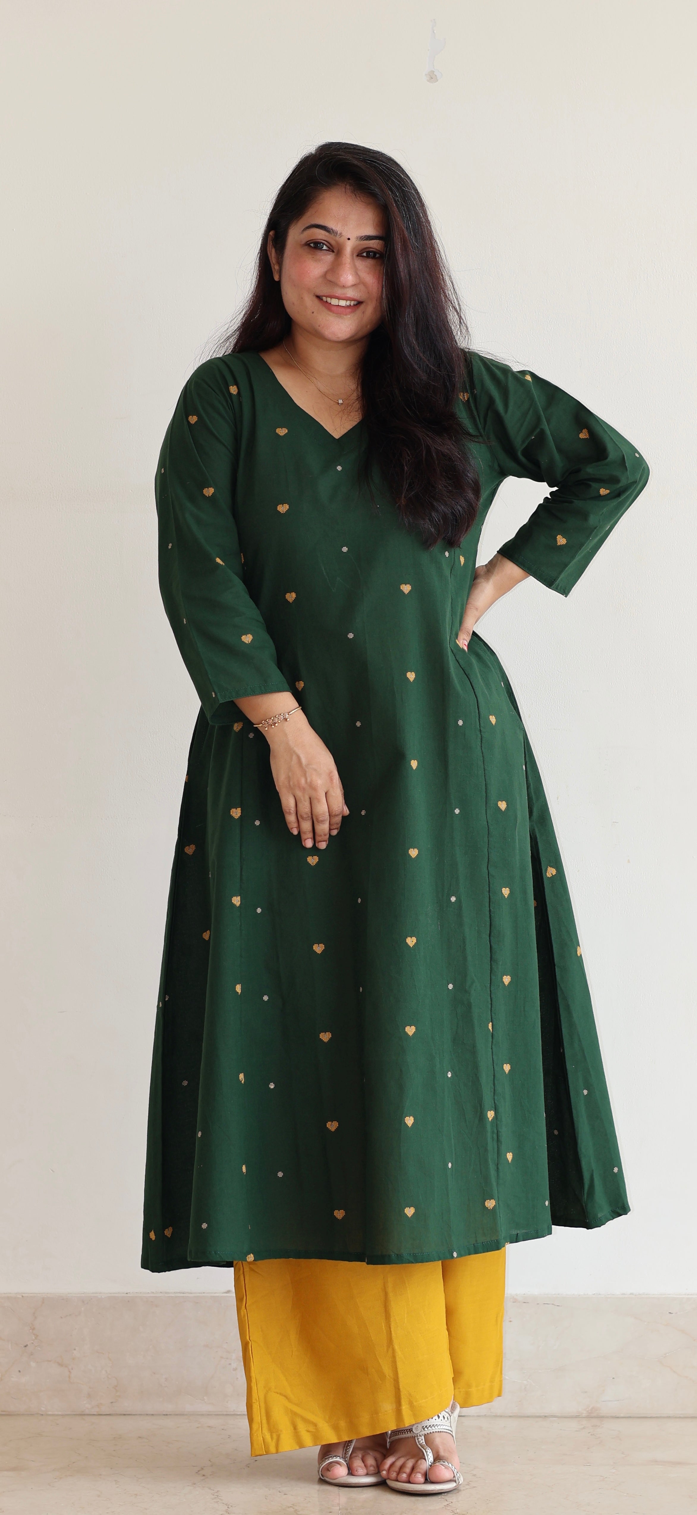Hearts Handwoven Cotton Kurta - Dark Green