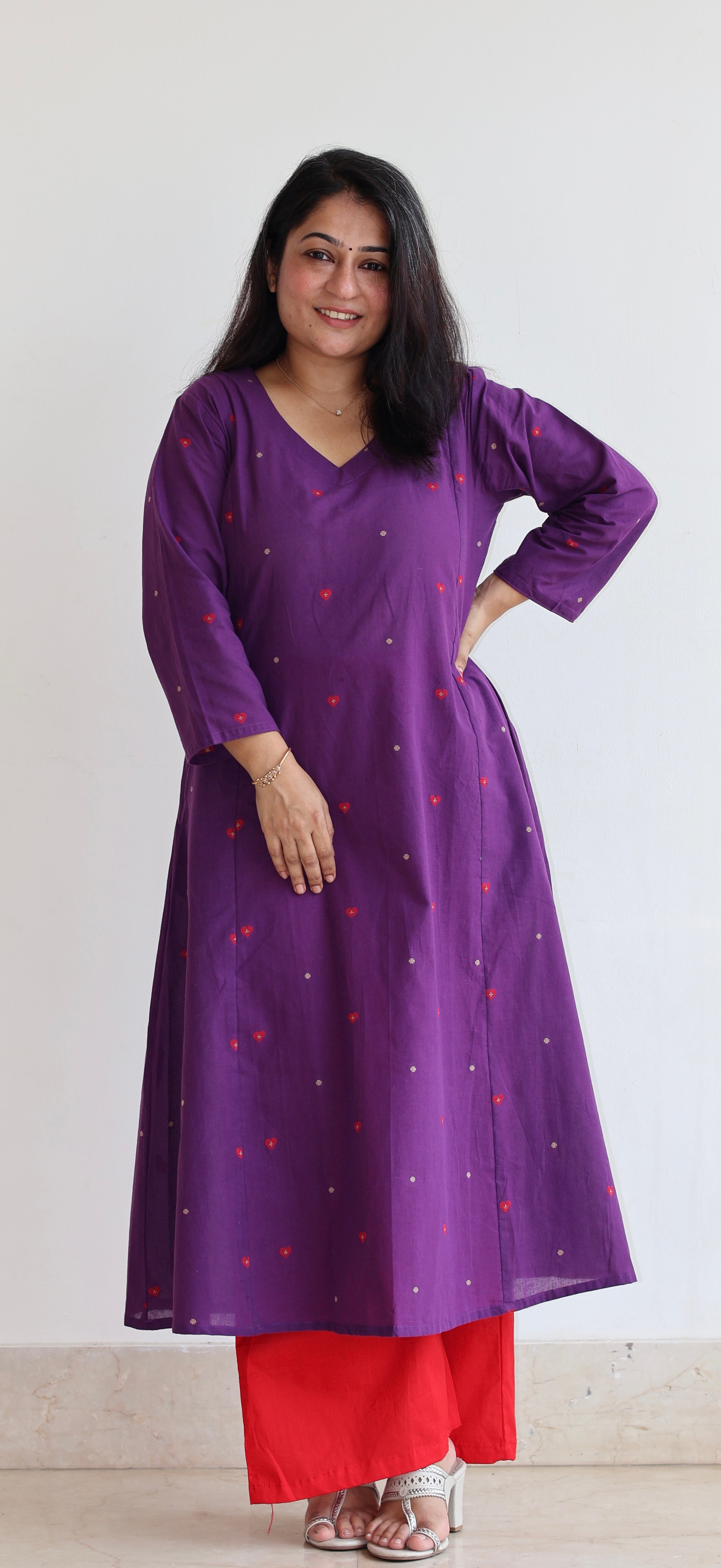 Hearts Handwoven Cotton Kurta - Purple