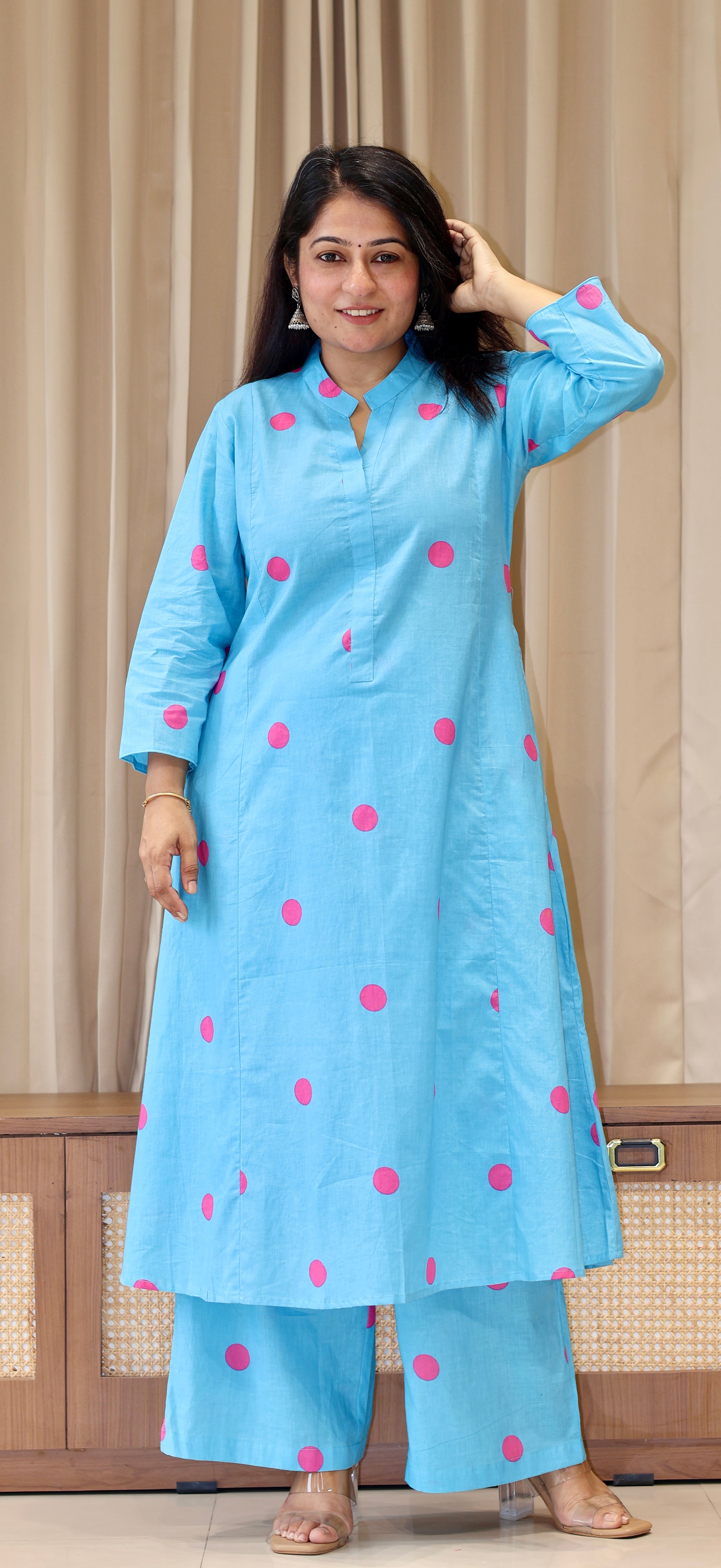 Sky Blue-Pink Polka Dots Cotton Kurta Set
