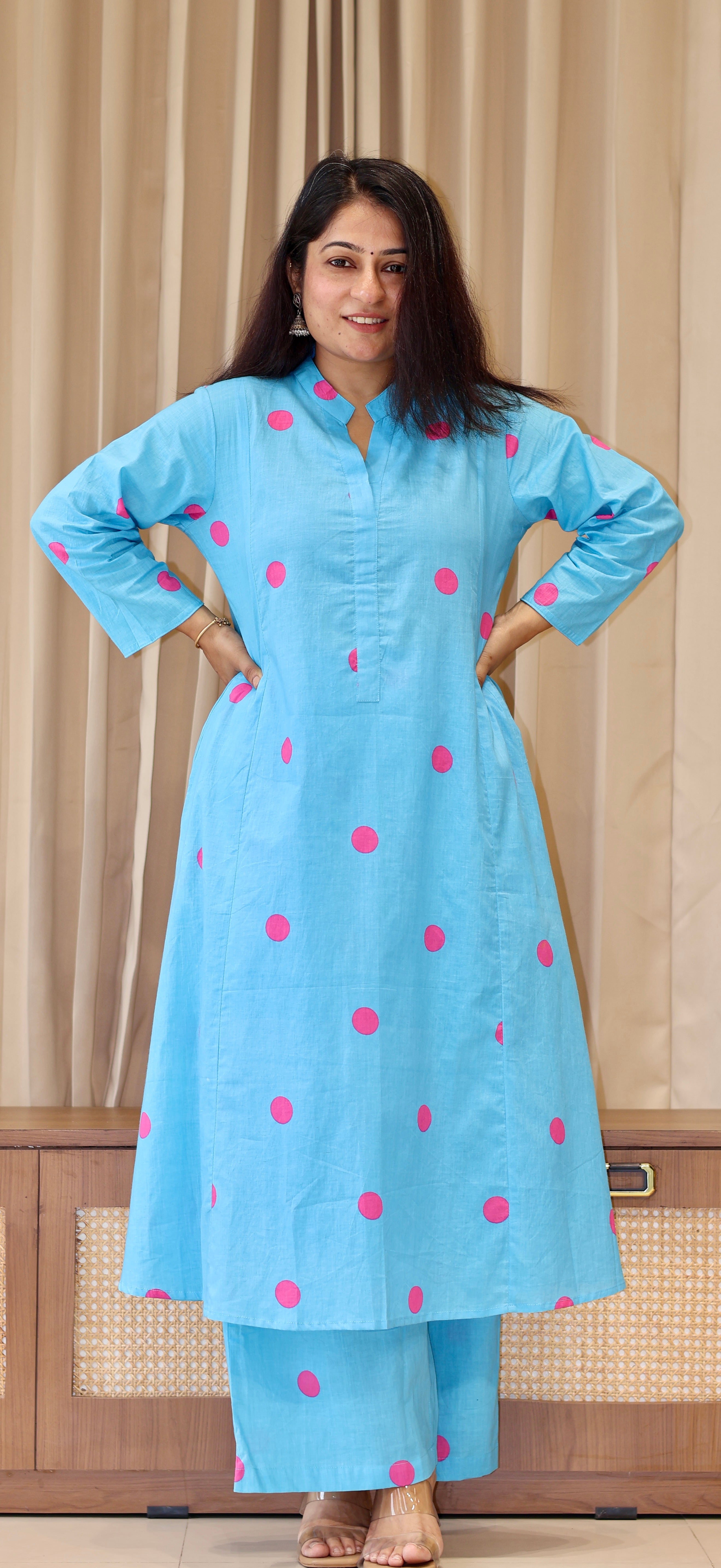 Sky Blue-Pink Polka Dots Cotton Kurta Set
