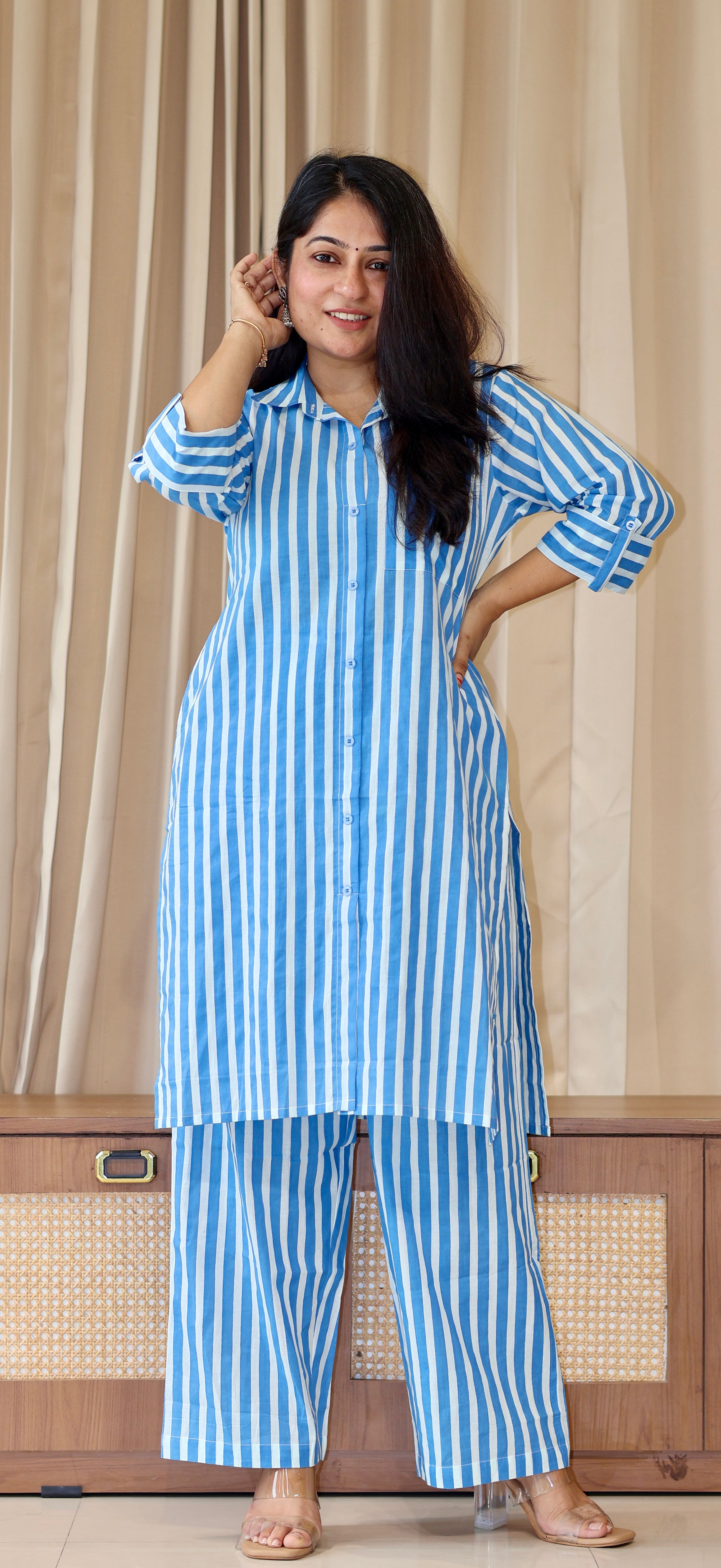 Blue/Ivory Stripes Cotton Co-ord Set