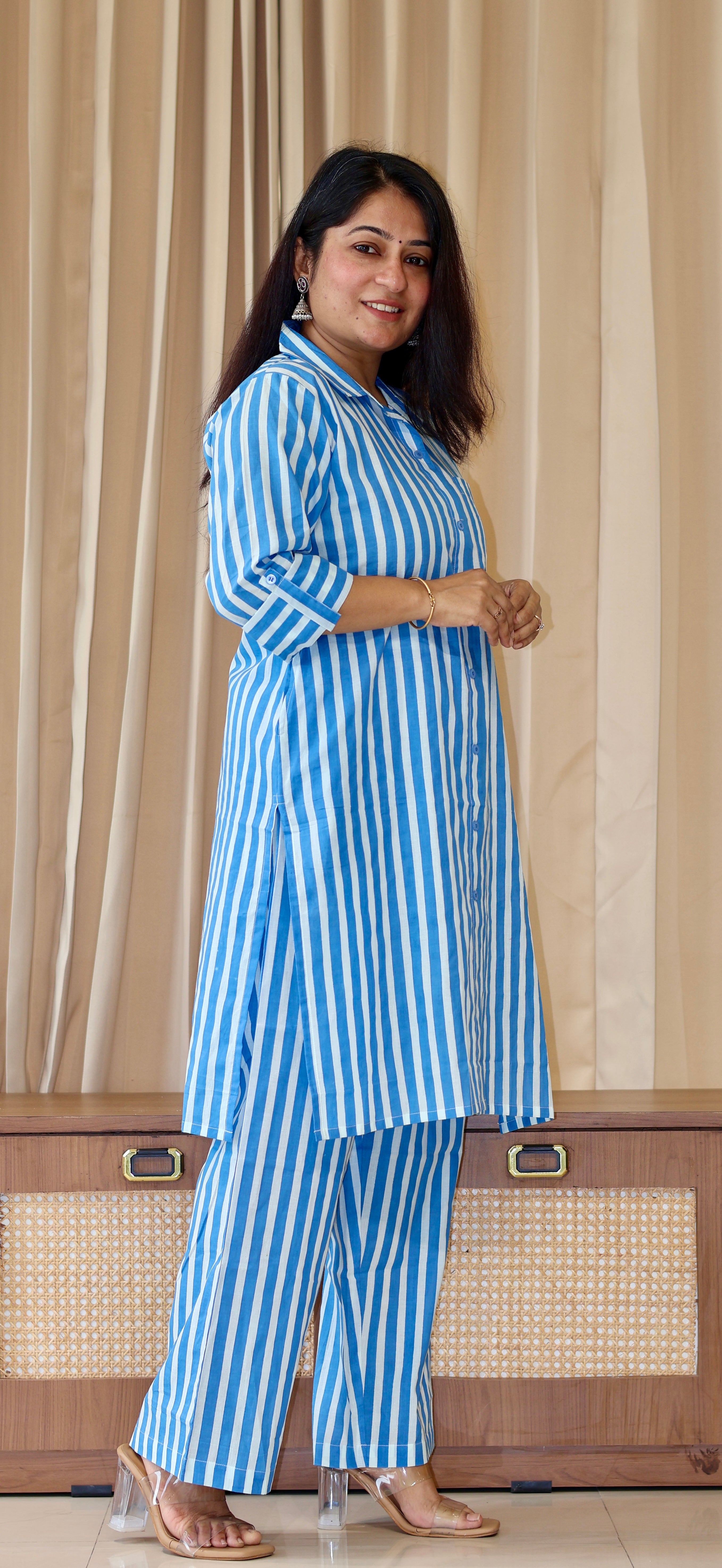 Blue/Ivory Stripes Cotton Co-ord Set