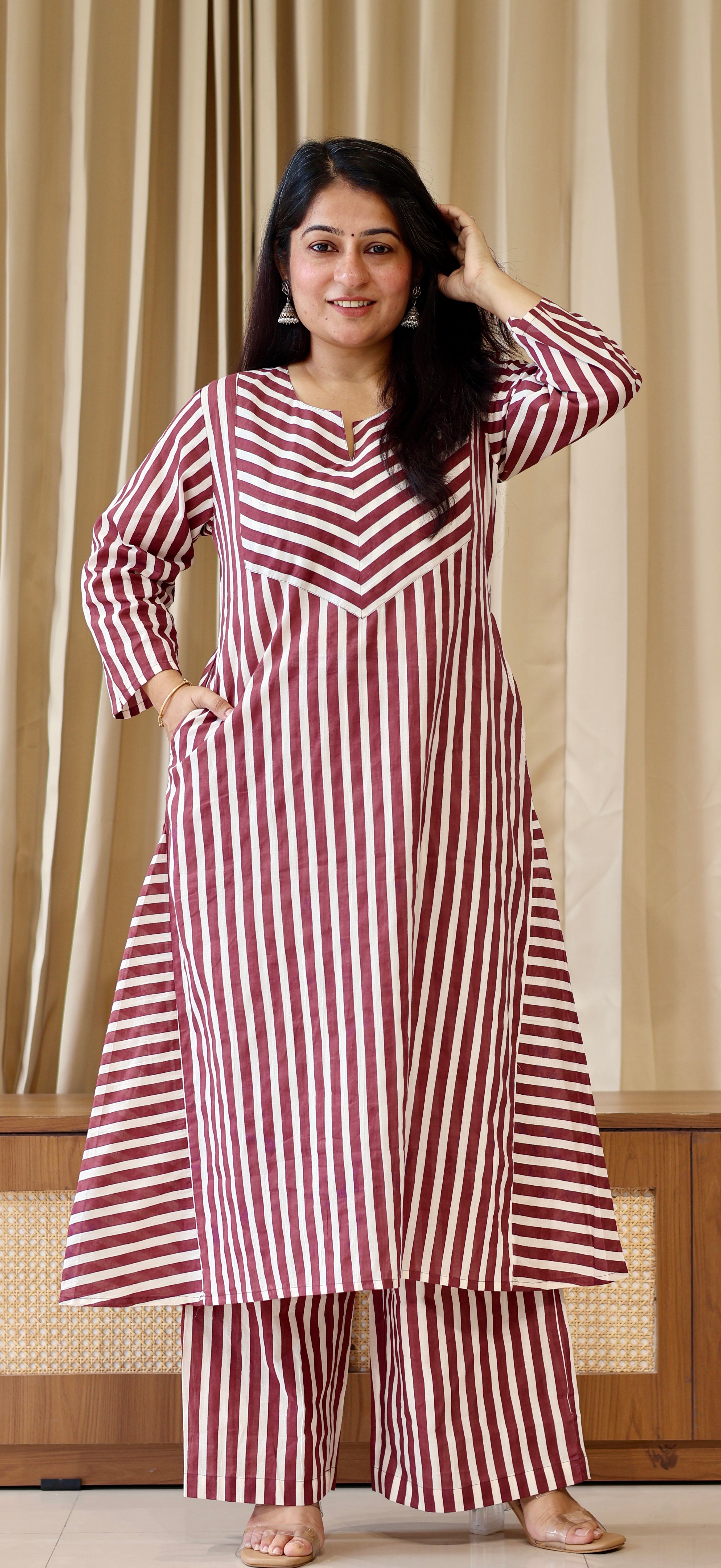 Brown/Ivory Stripes Cotton Kurta Set